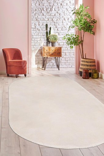 Dijidekor Lux Krem 7 mm Polyester Antibakteriyel Yıkanabilir Orta Kaymaz Dot Taban Oval Makine Dokuma Salon Halısı 120x180 cm