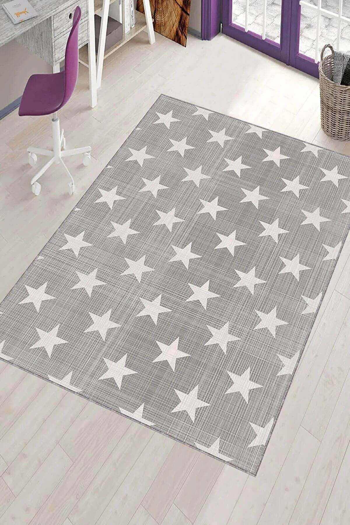 Viva Home KD078 Gri 7 mm Mikropolyester Toz Tutmaz Yıkanabilir İnce Kaymaz Dot Taban Dikdörtgen Makine Dokuma Çocuk Odası Halısı 80x300 cm