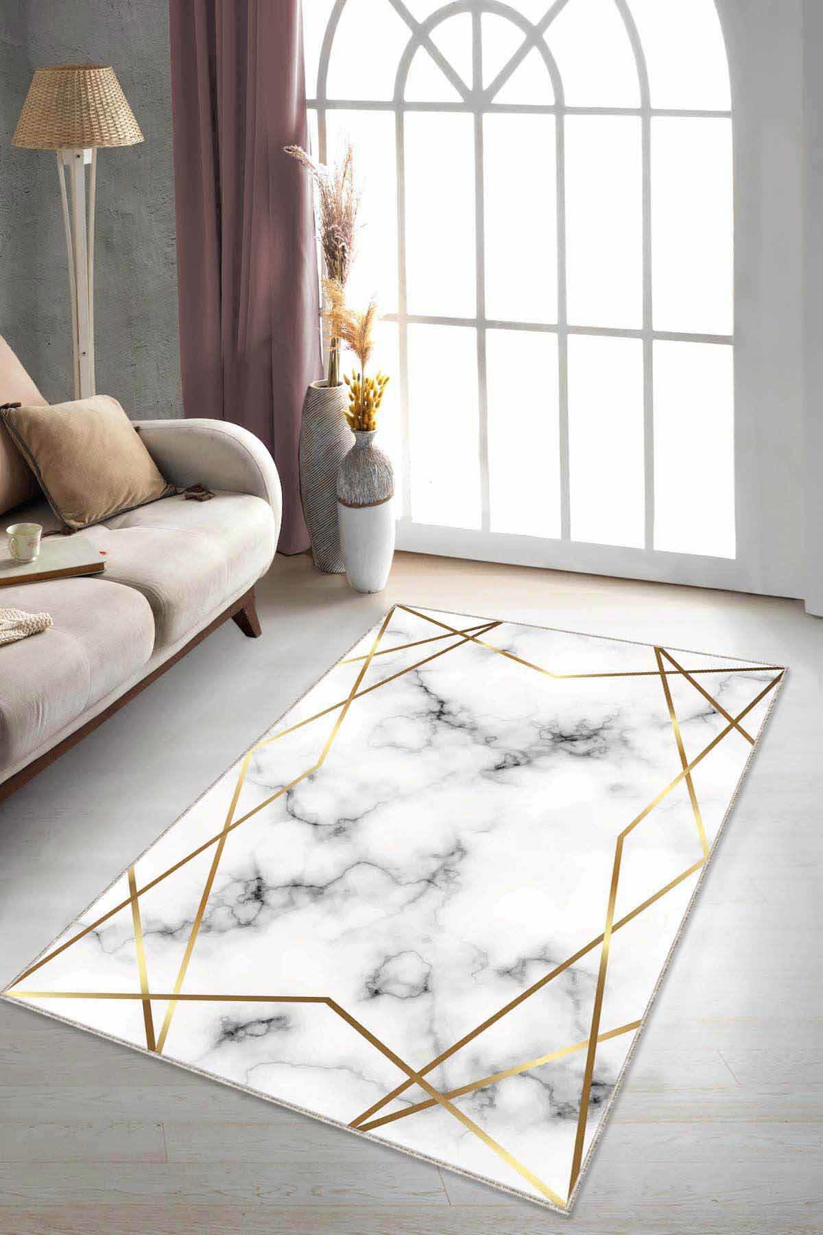 Viva Home RV014 Altın 7 mm Mikropolyester Antibakteriyel Yıkanabilir İnce Kaymaz Dot Taban Geometrik Dikdörtgen Makine Dokuma Salon Halısı 133x190 cm