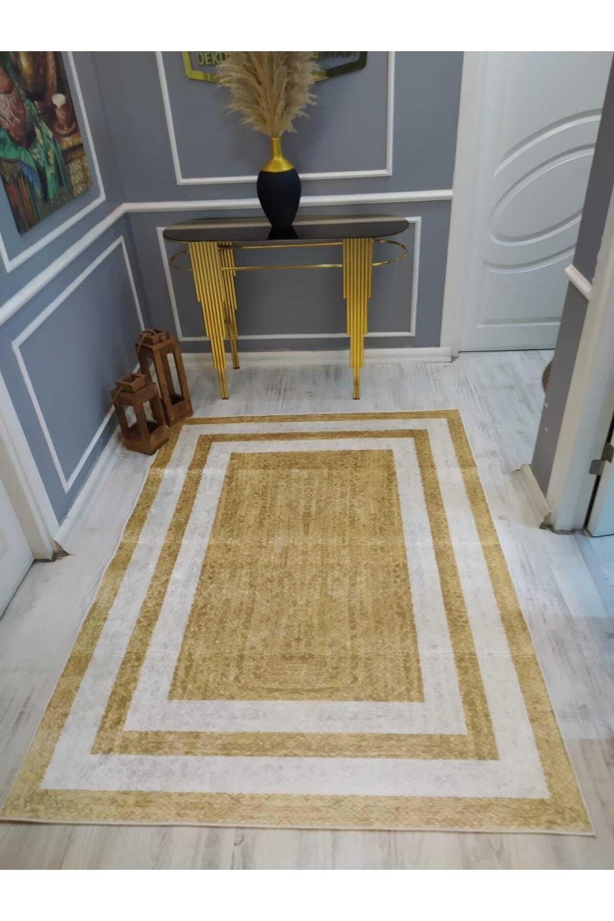 Doruklar Home Collection DRK8045 Beyaz-Hardal 0.7 mm Polyester Yıkanabilir Orta Kaymaz Suni Deri Taban Dikdörtgen Makine Dokuma Antre Halısı 300x400 cm