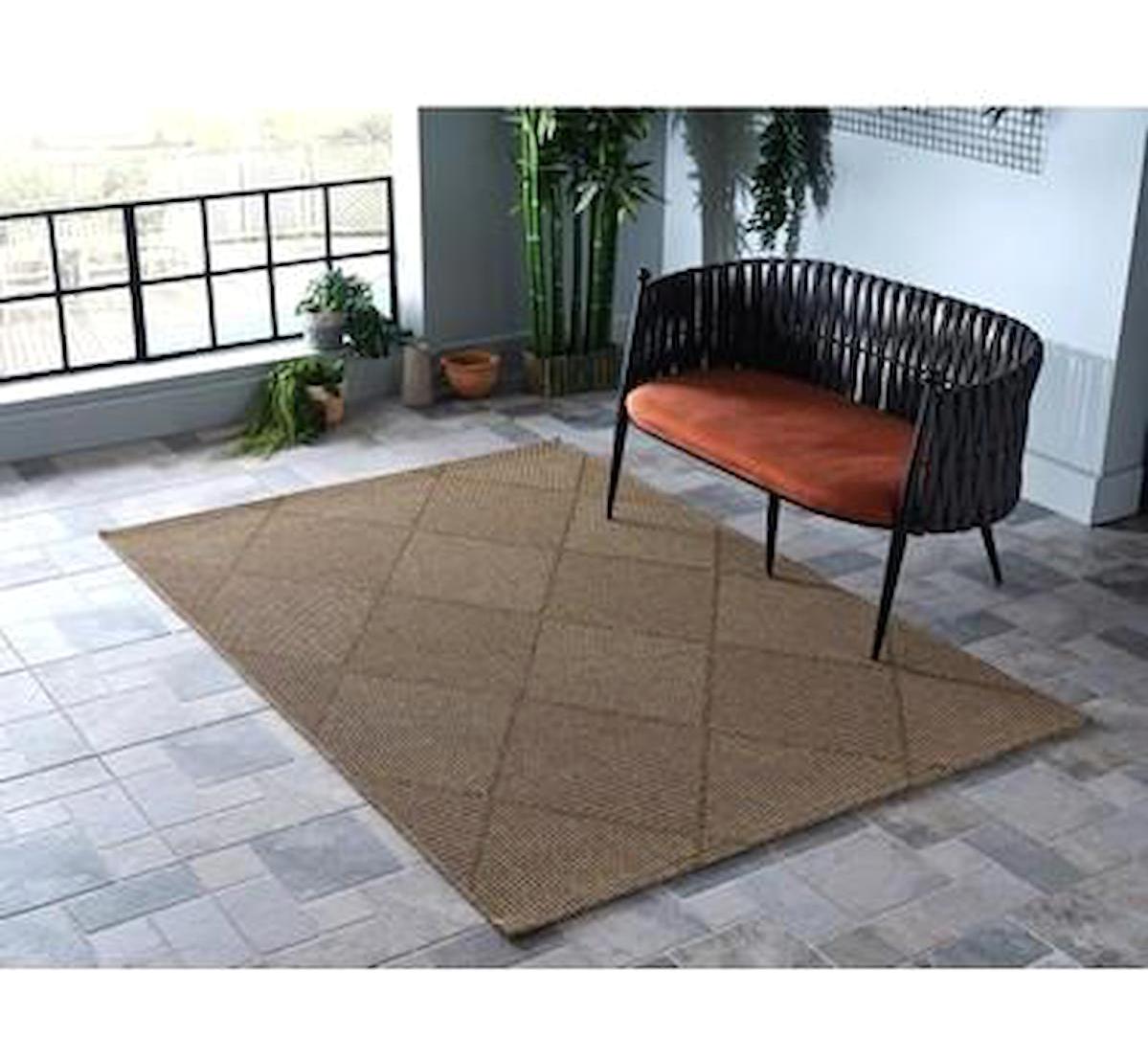 Gümüşsuyu Deco Natural Kahverengi 6 mm Polipropilen Yıkanabilir İnce Kaymaz Jüt Taban Geometrik Dikdörtgen Makine Dokuma Salon Halısı 160x300 cm
