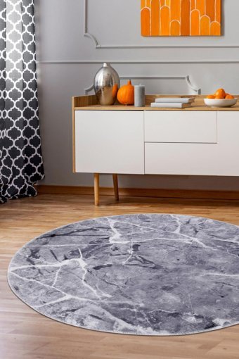Dijidekor Gri 7 mm Polyester Antibakteriyel Yıkanabilir Orta Kaymaz Taban Yuvarlak Makine Dokuma Oturma Odası Halısı 100x300 cm