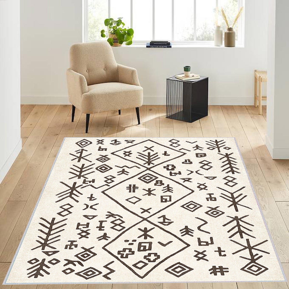 Rovigo Home RVG1321 Krem 8 mm Polyester Leke Tutmaz-Toz Tutmaz Yıkanabilir İnce Kaymaz Dot Taban Dikdörtgen Makine Dokuma Salon Halısı 80x300 cm