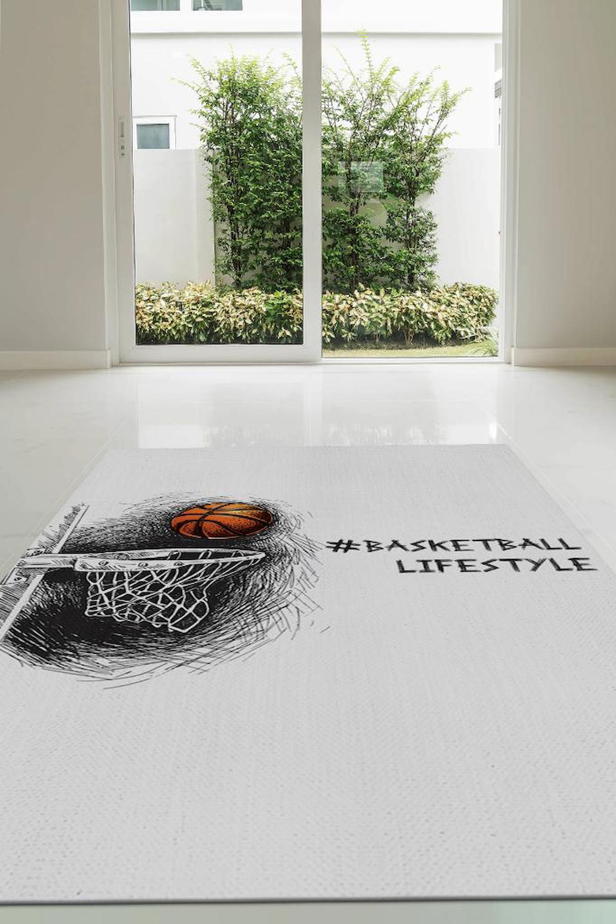 Homshtag Basketbol Krem 4 mm Pamuk Antistatik Yıkanabilir İnce Kaymaz Dikdörtgen Makine Dokuma Genç Odası Halısı 120x180 cm