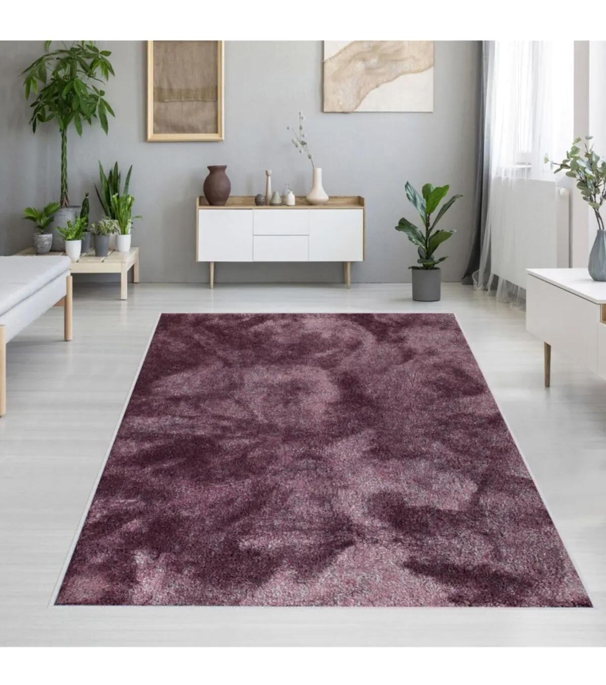 Rovigo Home RVG1189 Mor-Siyah 8 mm Polyester Antibakteriyel-Leke Tutmaz-Toz Tutmaz Yıkanabilir İnce Kaymaz Dot Taban Dikdörtgen Makine Dokuma Salon Halısı 120x200 cm