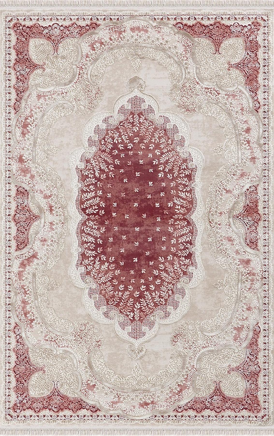 Merinos Rodin 19777 Kırmızı-Krem 11 mm Akrilik Toz Tutmaz Yıkanabilir Kalın Kaymaz Dikdörtgen Makine Dokuma Salon Halısı 120x200 cm
