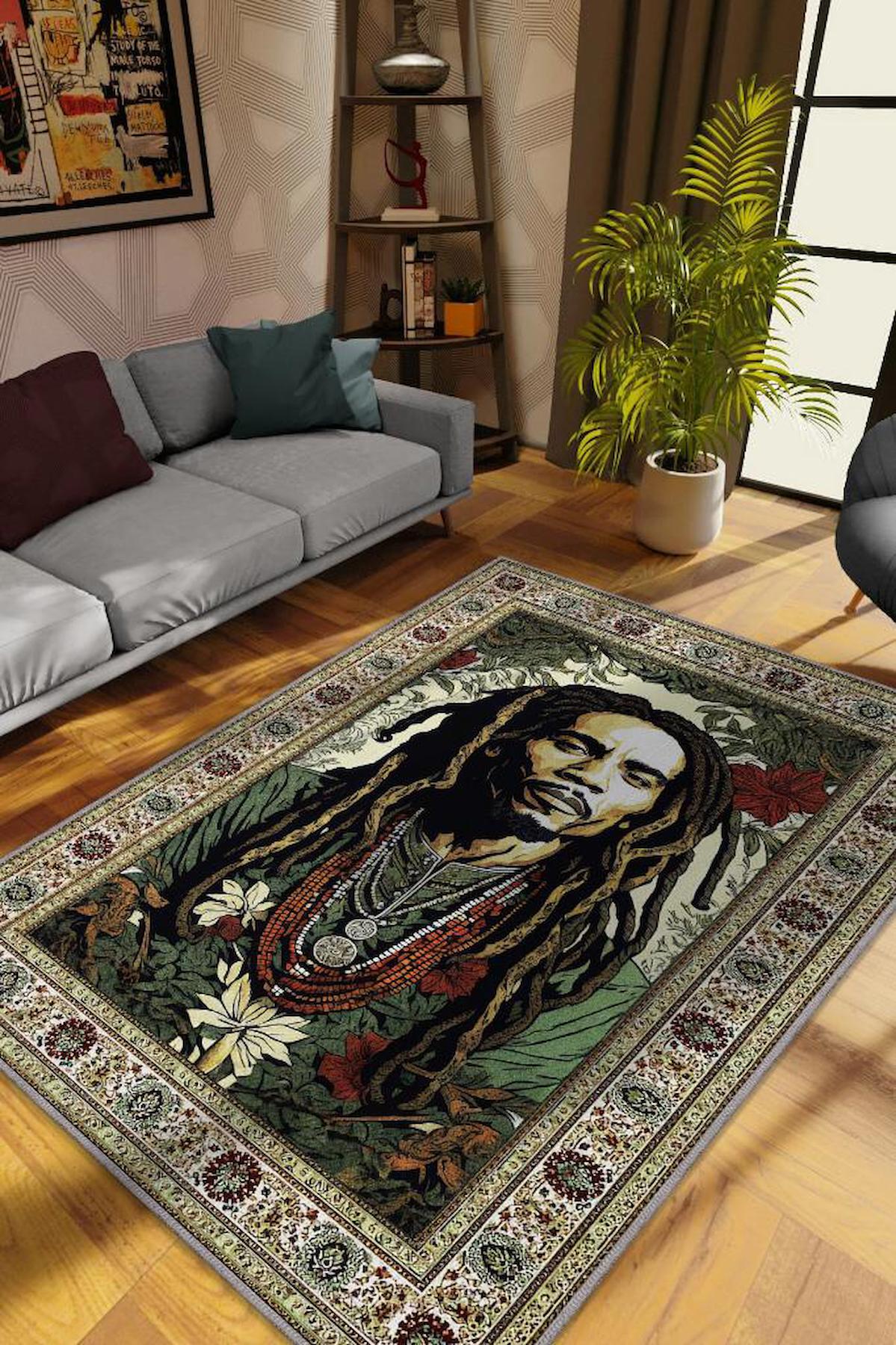 Homshtag Bob Marley Krem 4 mm Pamuk Antistatik Yıkanabilir İnce Kaymaz Dikdörtgen Makine Dokuma Salon Halısı 100x500 cm
