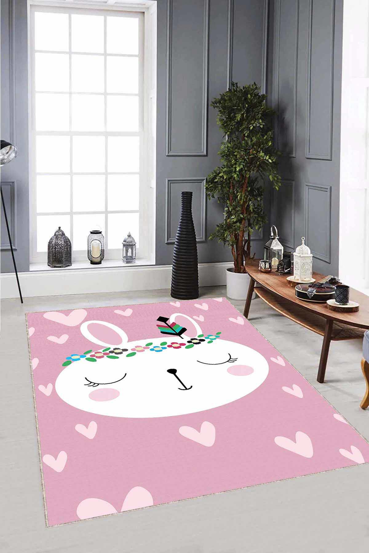 Viva Home AR1011 Pembe 7 mm Mikropolyester Leke Tutmaz Yıkanabilir İnce Kaymaz Dot Taban Dikdörtgen Makine Dokuma Çocuk Odası Halısı 100x300 cm