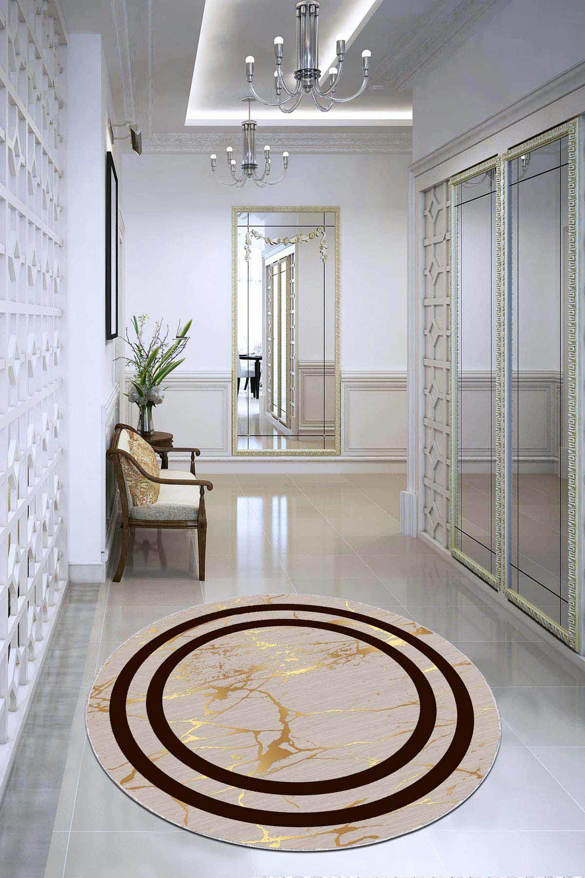 Viva Home AR609 Bej 7 mm Mikropolyester Yıkanabilir İnce Kaymaz Jüt Taban Yuvarlak Makine Dokuma Salon Halısı 80x150 cm