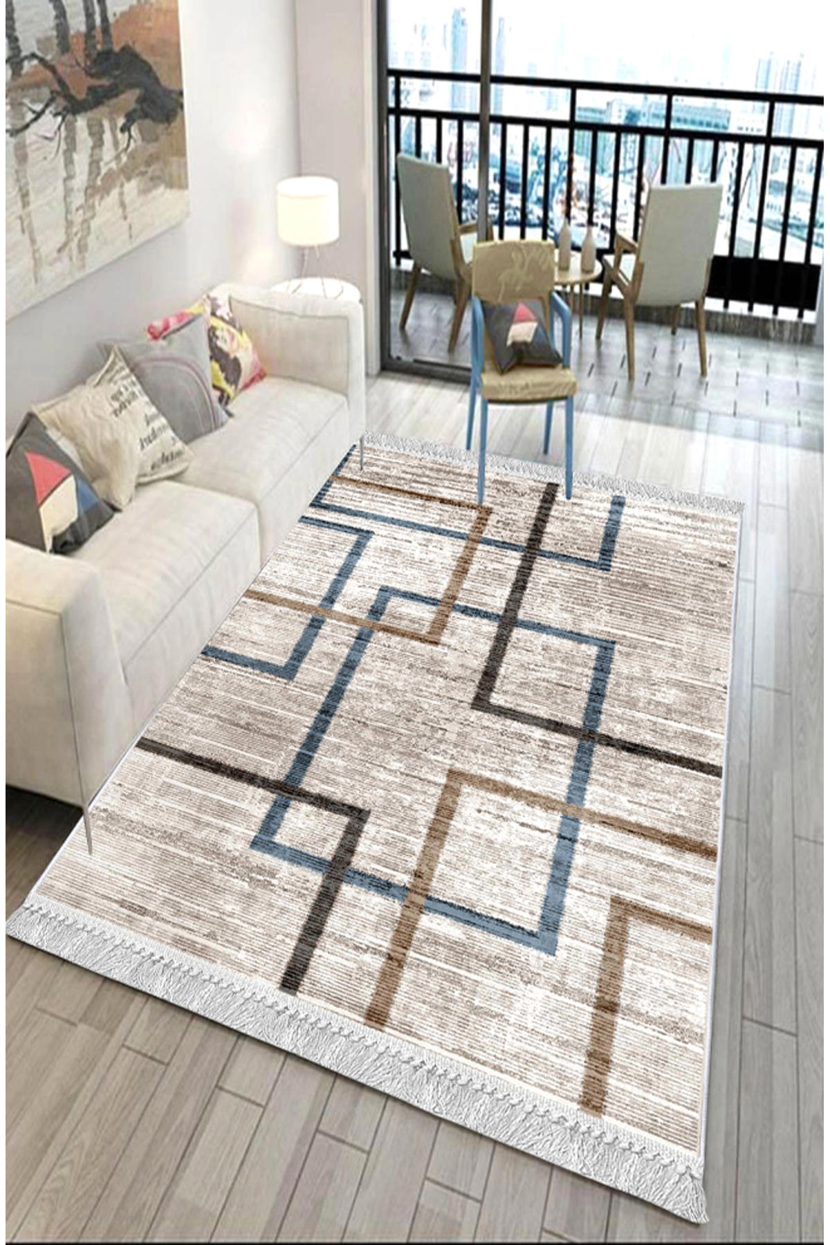 Artizon ART161 Mavi 0.8 mm Polyester Toz Tutmaz Yıkanabilir İnce Kaymaz Dot Taban Dikdörtgen Makine Dokuma Salon Halısı 140x200 cm