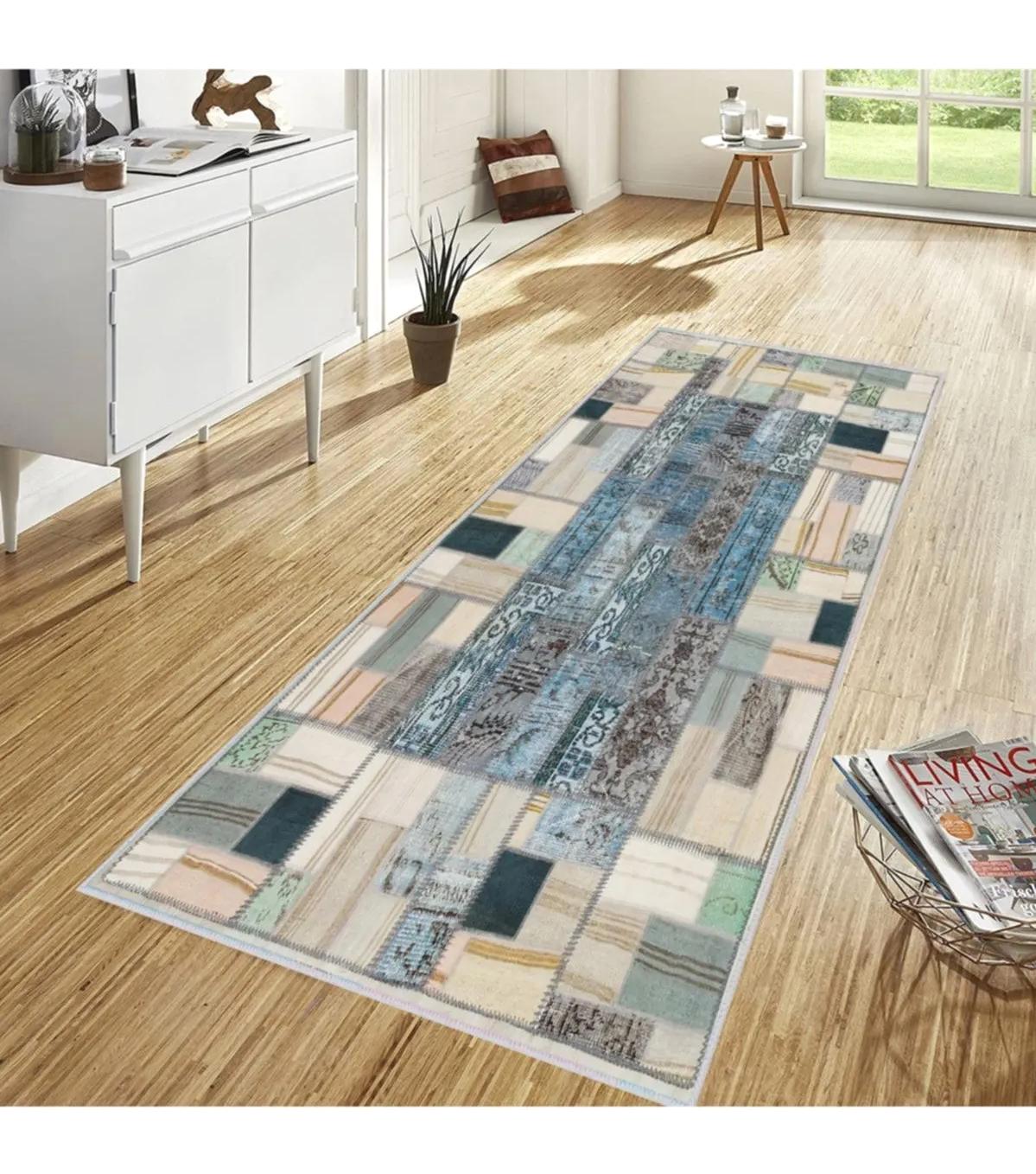 Rovigo Home RVG1728 Mavi 8 mm Polyester Antibakteriyel-Leke Tutmaz-Toz Tutmaz Yıkanabilir İnce Kaymaz Dot Taban Dikdörtgen Makine Dokuma Salon Halısı 120x200 cm