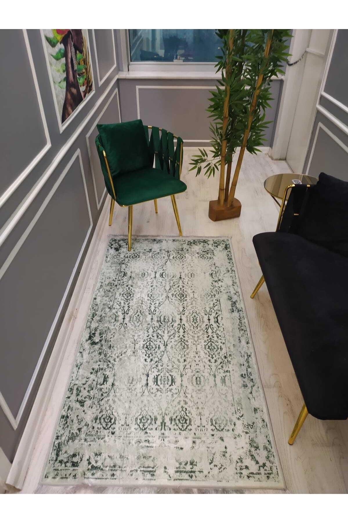 Doruklar Home Collection DRK8066 Krem - Yeşil 0.7 mm Polyester Silinebilir Yıkanabilir İnce Kaymaz Dot Taban Dikdörtgen Makine Dokuma Salon Halısı 180x180 cm
