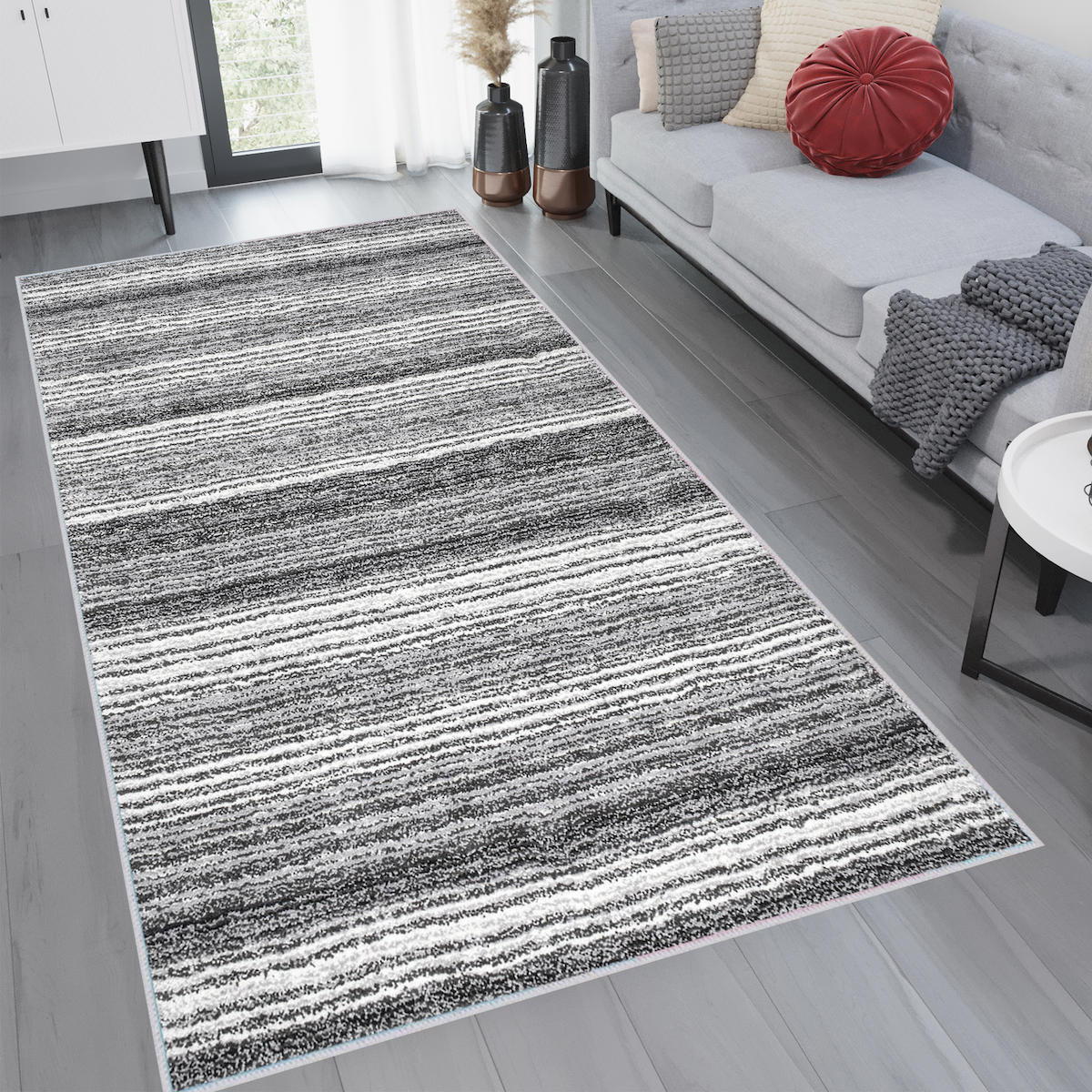 Rovigo Home RVG1170 Gri 8 mm Polyester Leke Tutmaz-Toz Tutmaz Yıkanabilir İnce Kaymaz Dot Taban Dikdörtgen Makine Dokuma Salon Halısı 180x290 cm