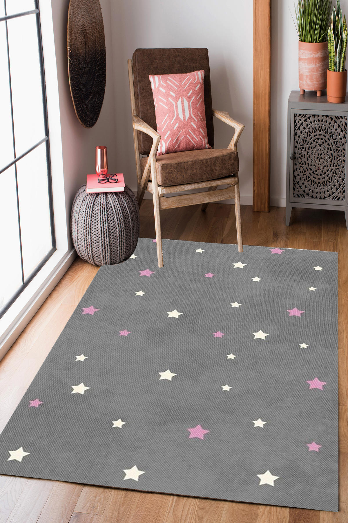 Homier Collection H-CK-10110B Gri 9 mm Pamuk Antibakteriyel Yıkanabilir Orta Kaymaz Dikdörtgen Makine Dokuma Çocuk Odası Halısı 80x150 cm