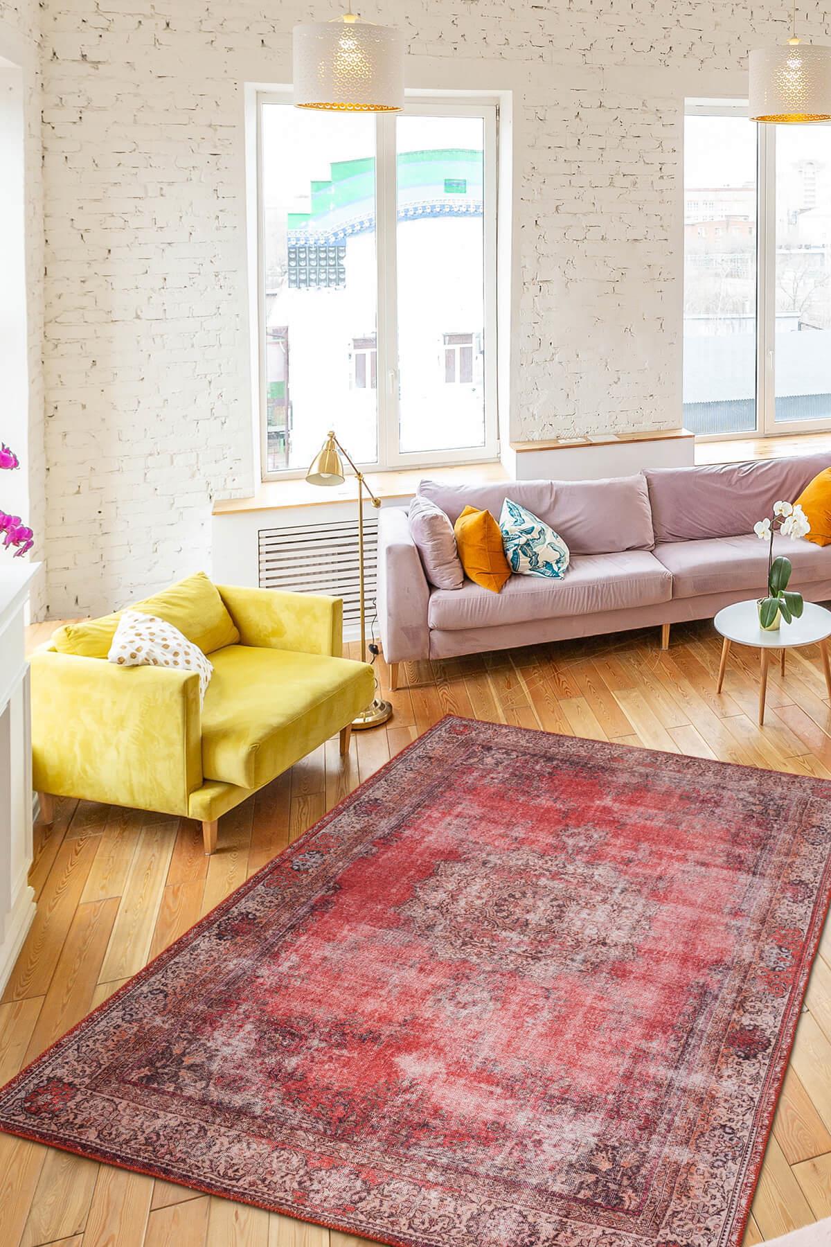 Artloop AL-119 Kırmızı 4 mm Polyester Yıkanabilir İnce Kaymaz Jüt Taban Dikdörtgen Makine Dokuma Salon Halısı 160x230 cm