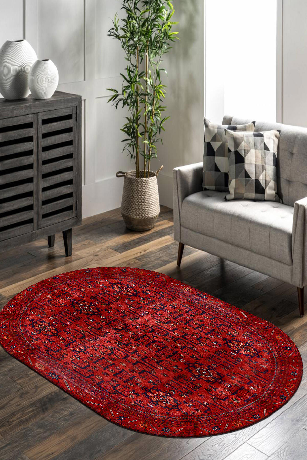 Roslyn Home Kırmızı 0.8 mm Polyester Toz Tutmaz Yıkanabilir İnce Kaymaz Dot Taban Oval Makine Dokuma Salon Halısı 160x230 cm