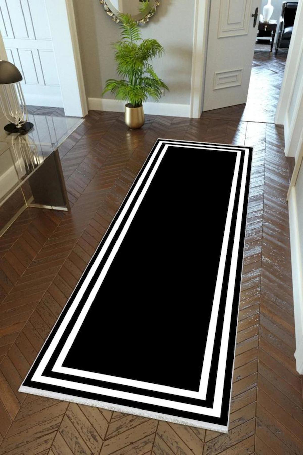 10 Post Online Siyah 4 mm Polyester Yıkanabilir İnce Kaymaz Taban Dikdörtgen Makine Dokuma Salon Halısı 100x150 cm