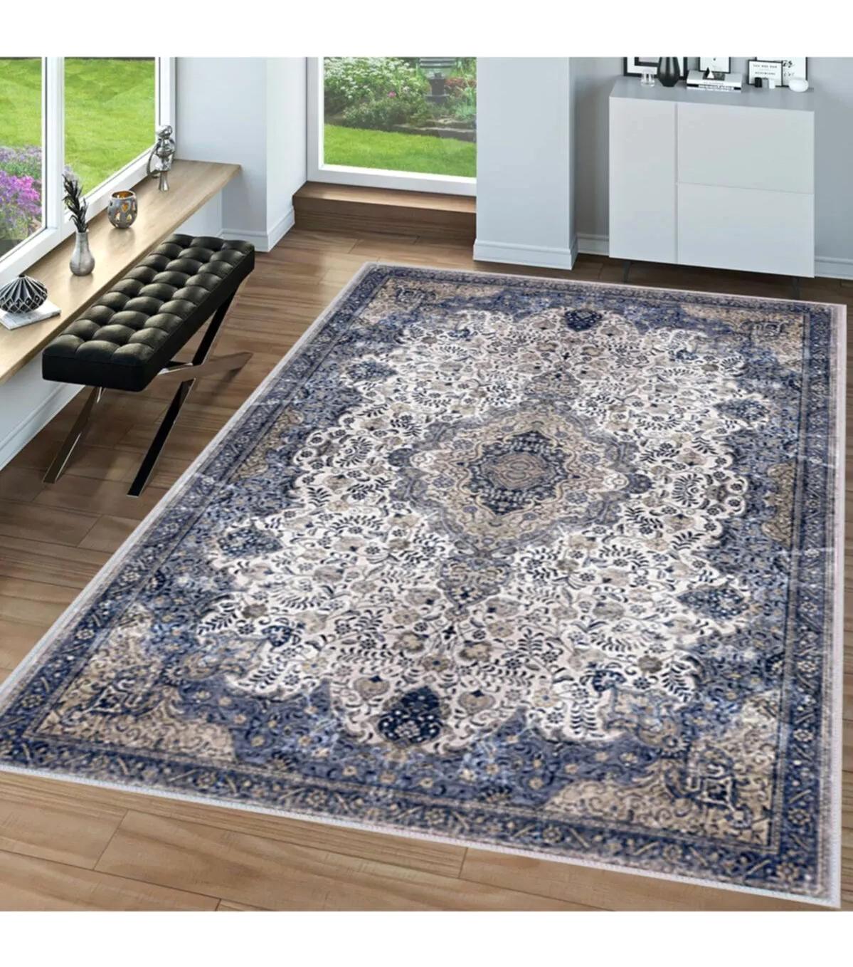Rovigo Home RVG1557-HT337 Beyaz-Mavi 8 mm Polyester Antibakteriyel-Leke Tutmaz-Toz Tutmaz Yıkanabilir İnce Kaymaz Dot Taban Dikdörtgen Makine Dokuma Salon Halısı 100x200 cm
