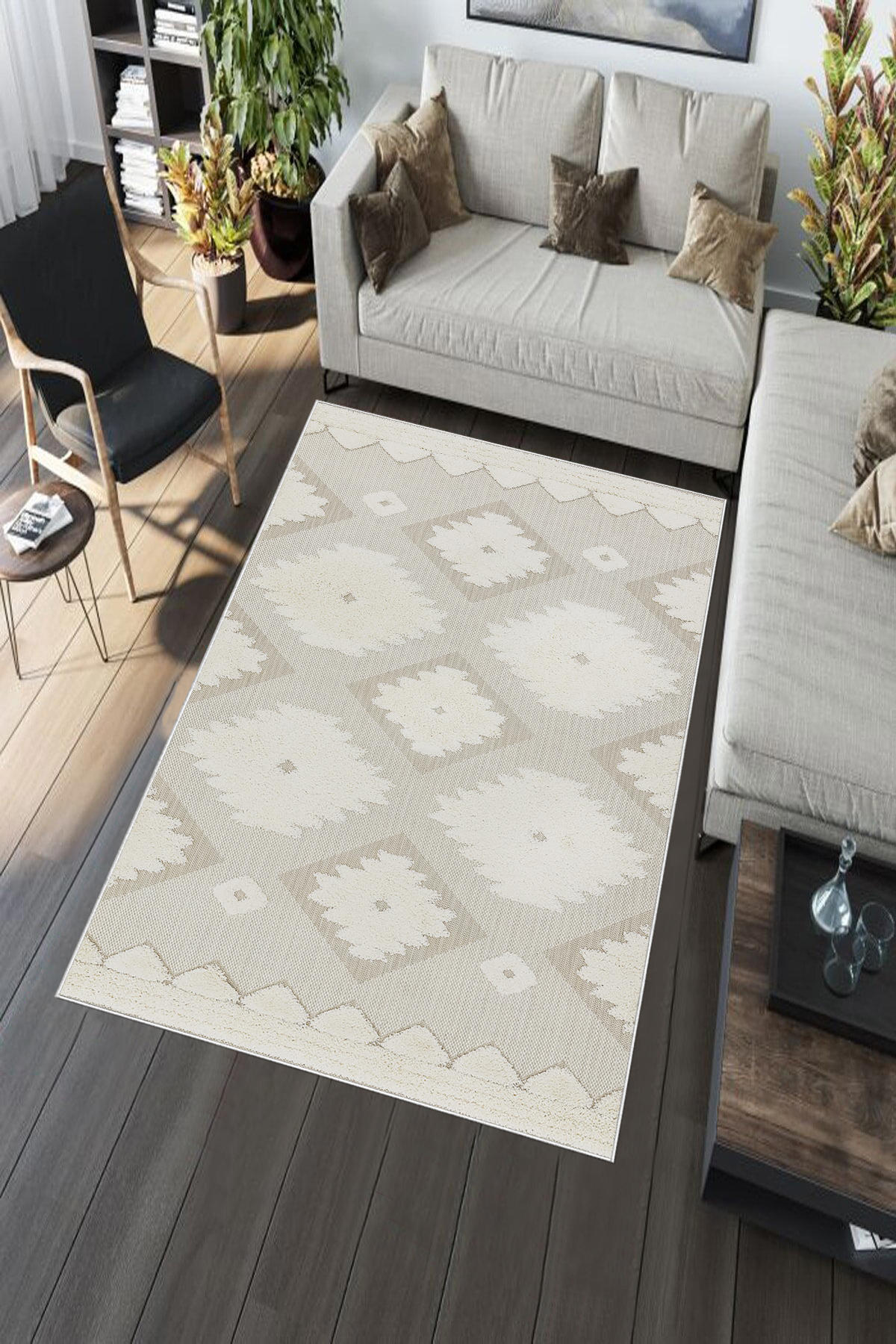 Aldora Krem 0.8 mm Polipropilen Yıkanabilir Orta Kaymaz Deri Taban Dikdörtgen Makine Dokuma Salon Halısı 80x300 cm