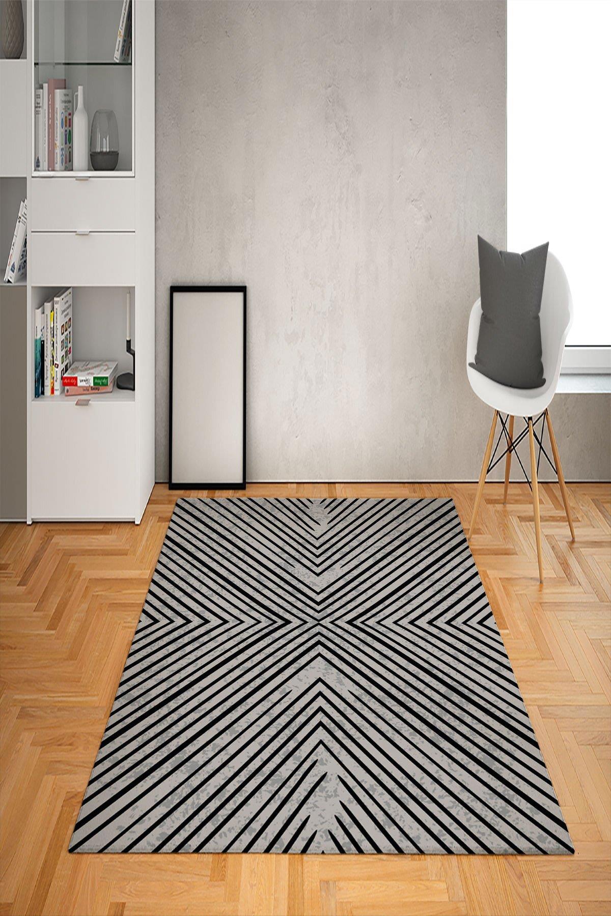 Doruklar Home Collection Gri 0.7 mm Polyester Antibakteriyel Yıkanabilir Kalın Kaymaz Taban Geometrik Dikdörtgen Makine Dokuma Salon Halısı 300x400 cm