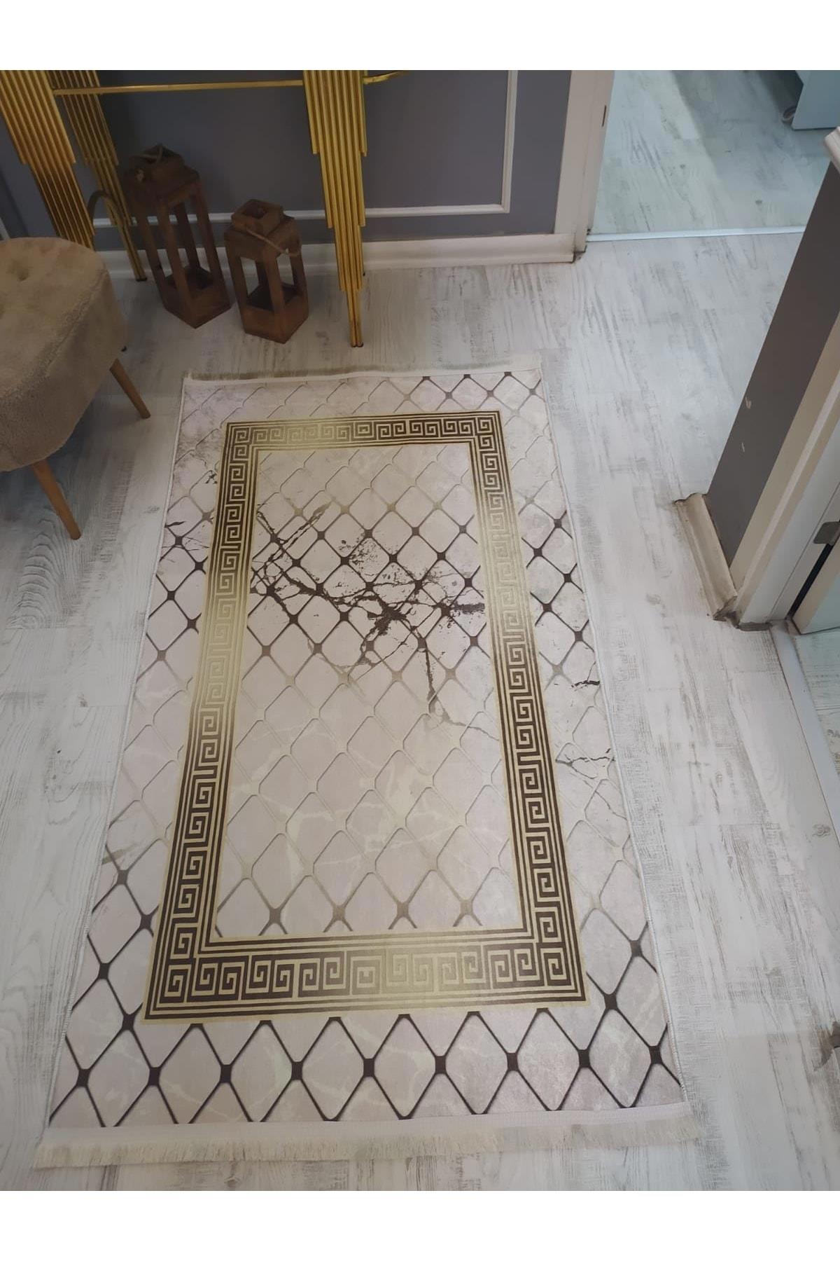Doruklar Home Collection Krem 0.7 mm Yıkanabilir Kaymaz Taban Geometrik Dikdörtgen Makine Dokuma Halı 100x500 cm