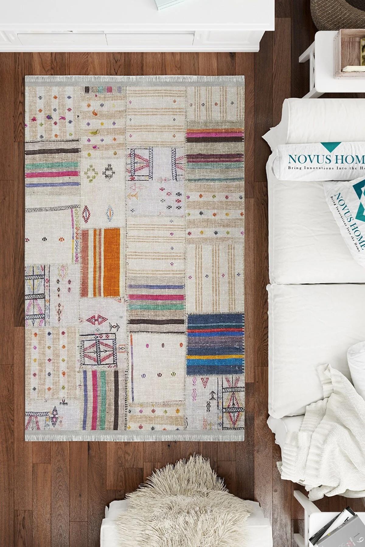 Novus Home Cotton Serisi Krem 5 mm Pamuk Antibakteriyel-Toz Tutmaz-Yalıtıma Yardımcı Yıkanabilir İnce Kaymaz Taban Dikdörtgen Makine Dokuma Antre-Salon-Yatak Odası Halısı 80x200 cm