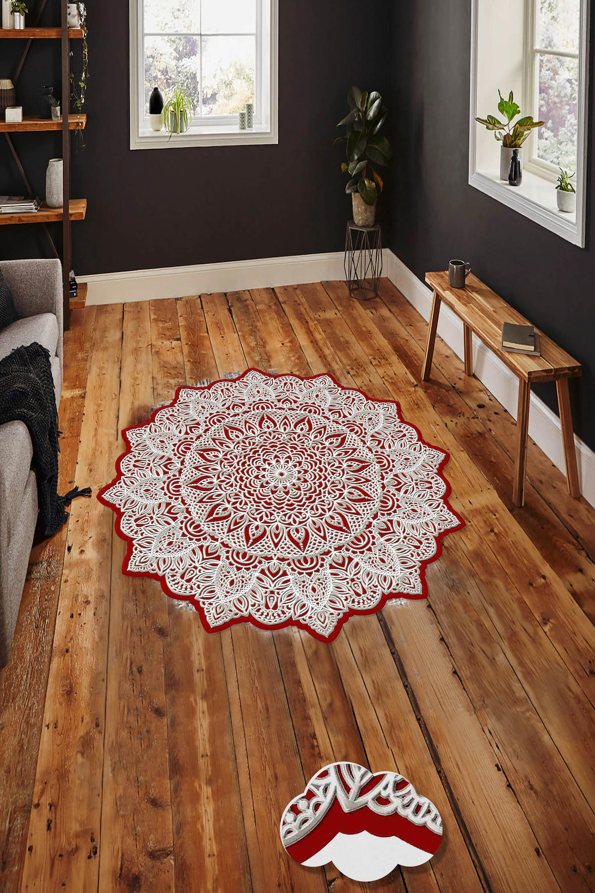 Homefesto Krem 5 mm Polyester Leke Tutmaz Yıkanabilir İnce Kaymaz Taban Geometrik Yuvarlak Makine Dokuma Salon Halısı 80x150 cm