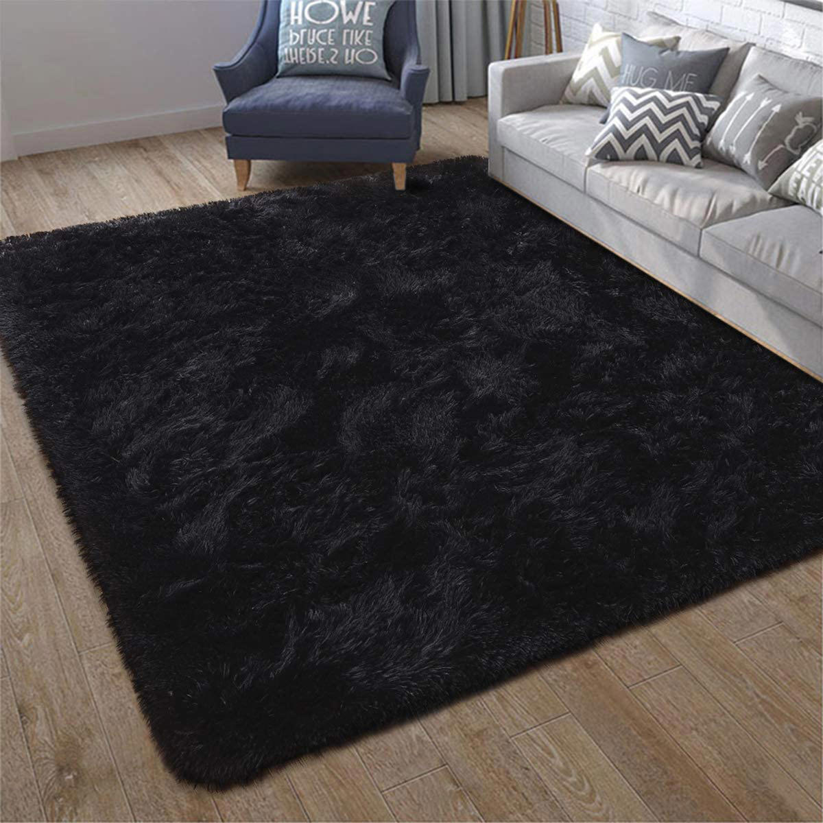 Rovigo Home Siyah 20 mm Peluş Antialerjenik-Antibakteriyel-Tüy Tutmaz Yıkanabilir Kalın Kaymaz Suni Deri Taban Dikdörtgen Makine Dokuma Antre-Oturma Odası-Salon-Yatak Odası Halısı 100x300 cm