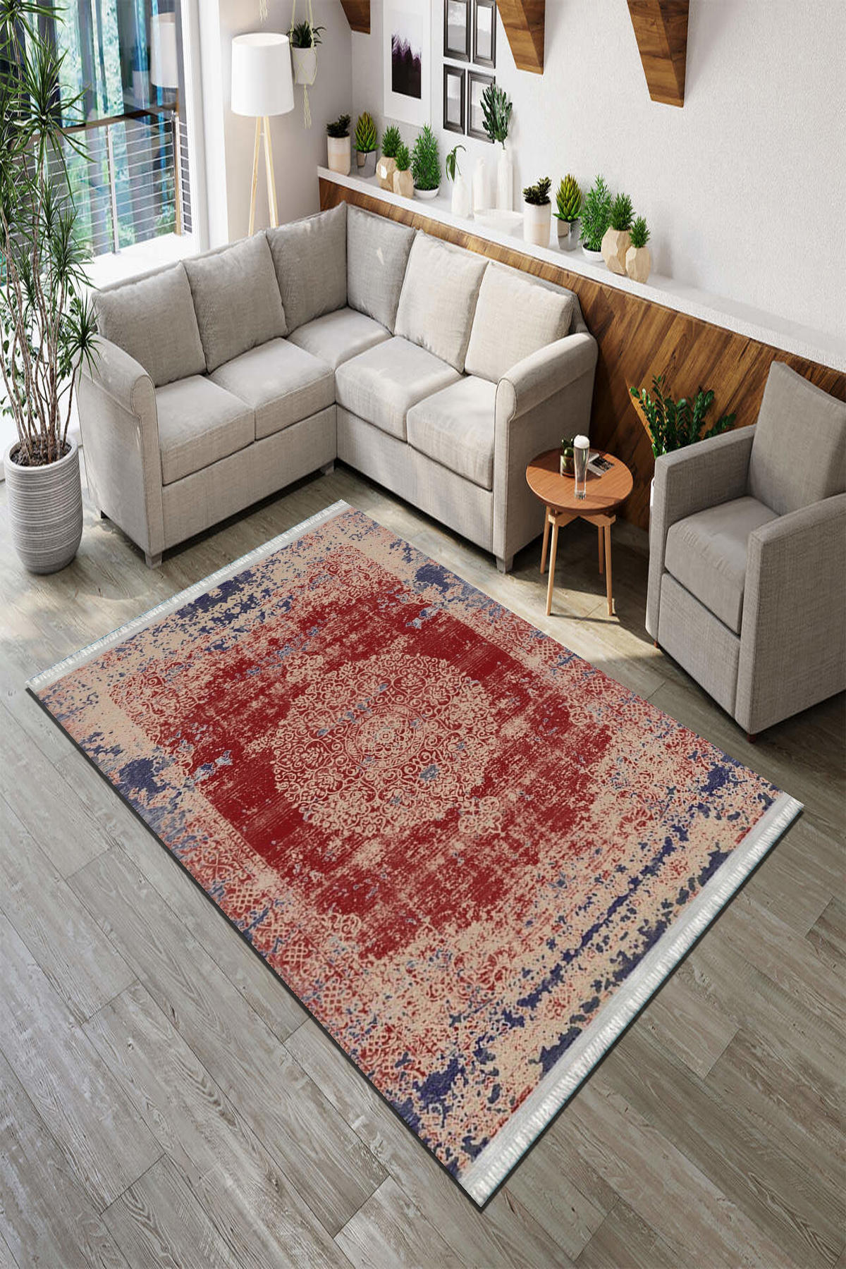 Roslyn Home Bordo 6 mm Polyester Toz Tutmaz Yıkanabilir İnce Kaymaz Dot Taban Kare Makine Dokuma Salon Halısı 80x300 cm