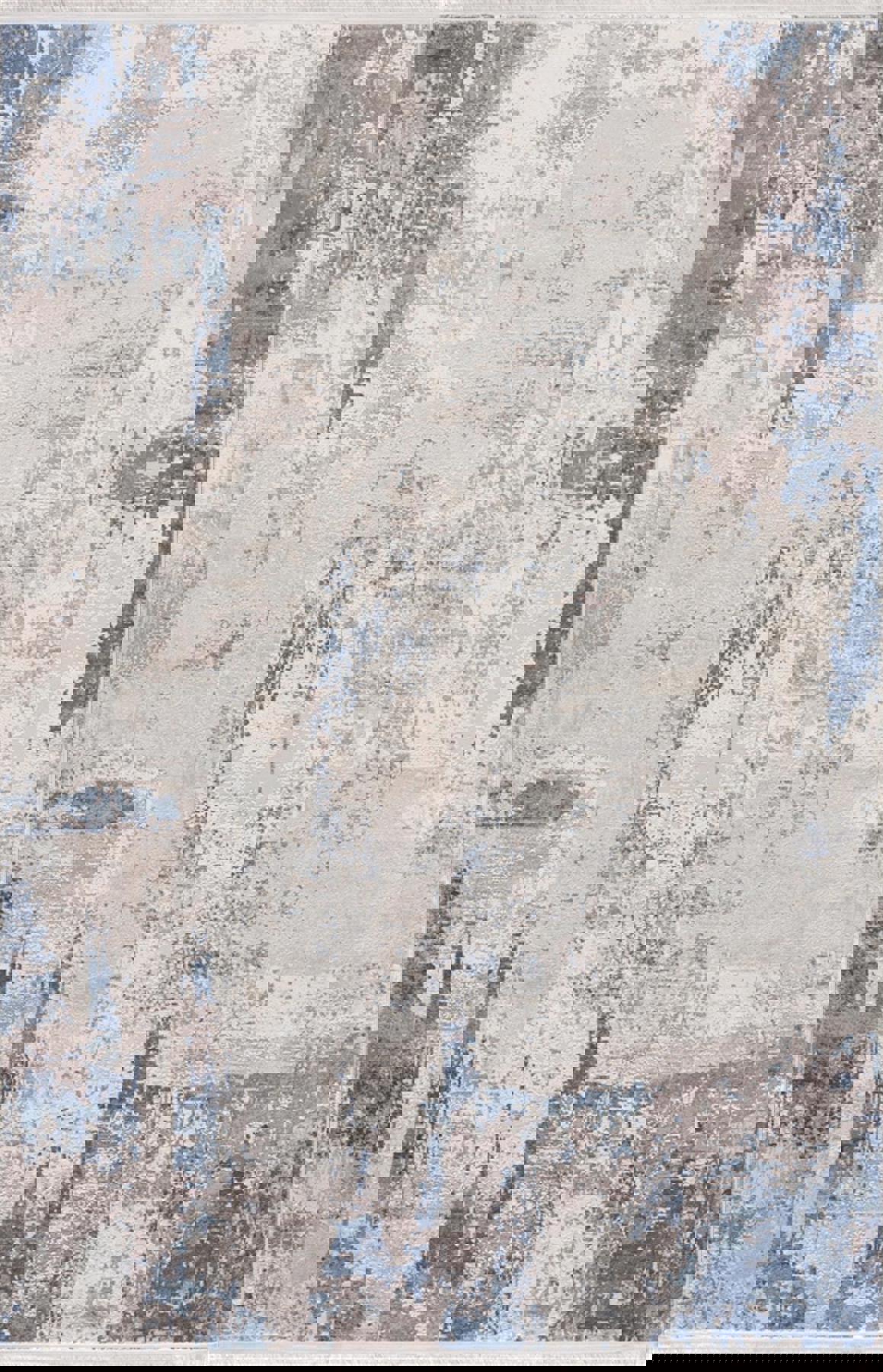Sanat Halı Doku 1092 Bej - Mavi 8 mm Viskon Antibakteriyel Yıkanabilir Kalın Kaymaz Lateks Taban Dikdörtgen Makine Dokuma Salon Halısı 120x300 cm