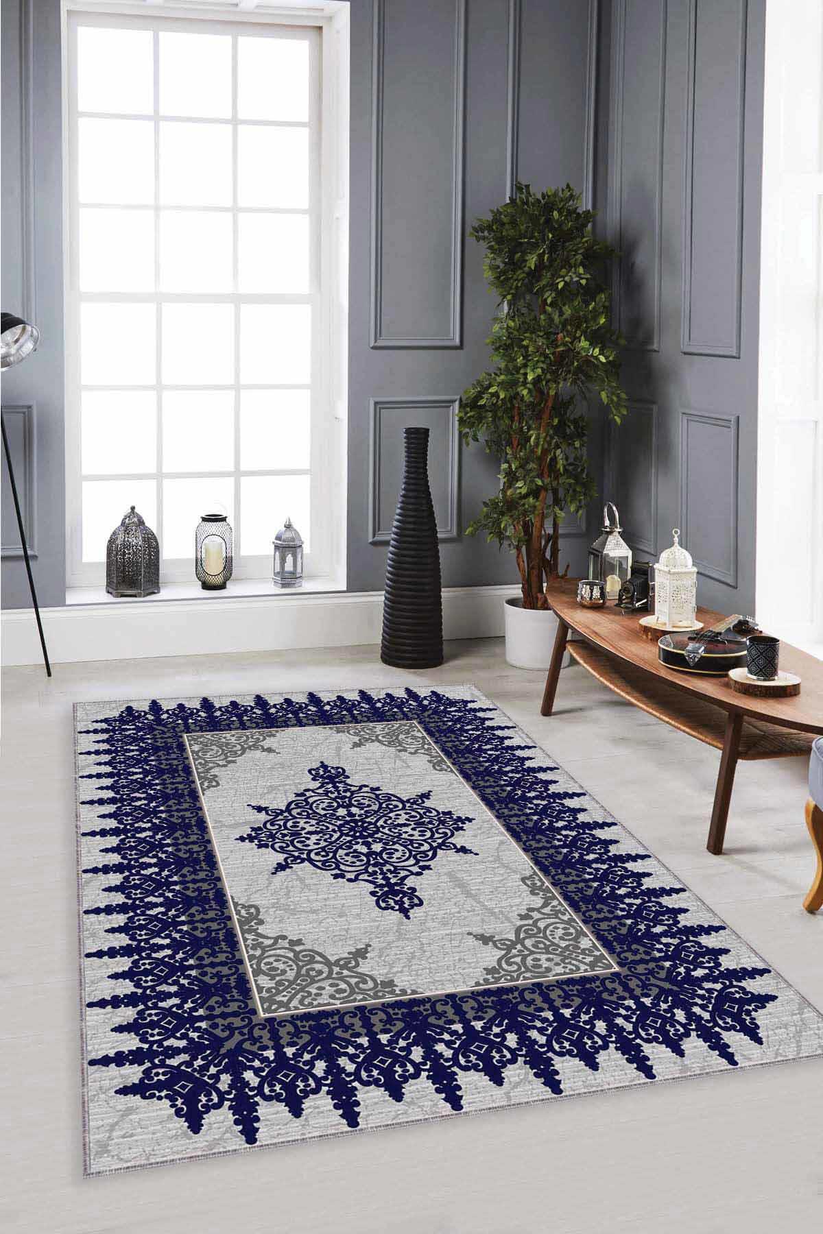 Viva Home MK36 Lacivert 7 mm Mikropolyester Leke tutmaz Yıkanabilir İnce Kaymaz Dot Taban Dikdörtgen Makine Dokuma Salon Halısı 100x200 cm