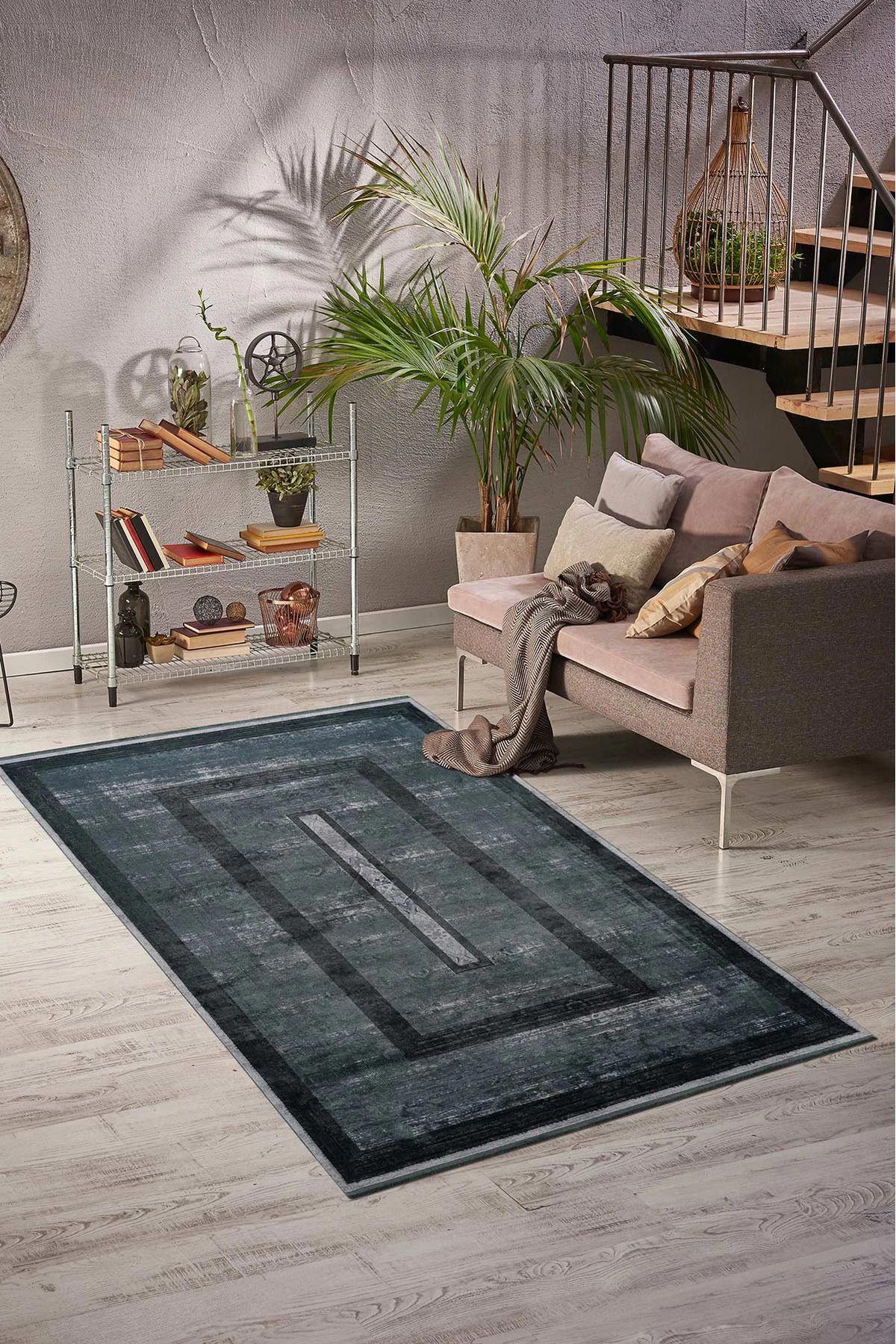 Royal Halı Da Vinci Gri-Yeşil 6 mm İpek Toz Tutmaz Yıkanabilir Kalın Kaymaz Lateks Taban Dikdörtgen Makine Dokuma Salon Halısı 100x250 cm