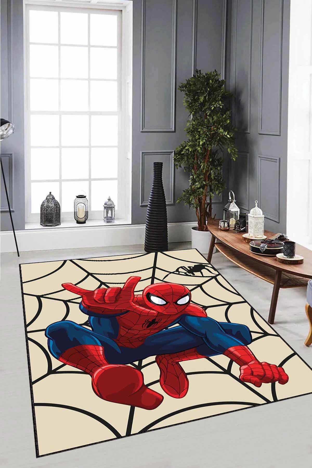 Viva Home AR1141 Kırmızı 7 mm Mikropolyester Antibakteriyel Yıkanabilir İnce Kaymaz Taban Spiderman Dikdörtgen Makine Dokuma Çocuk Odası Halısı 80x150 cm