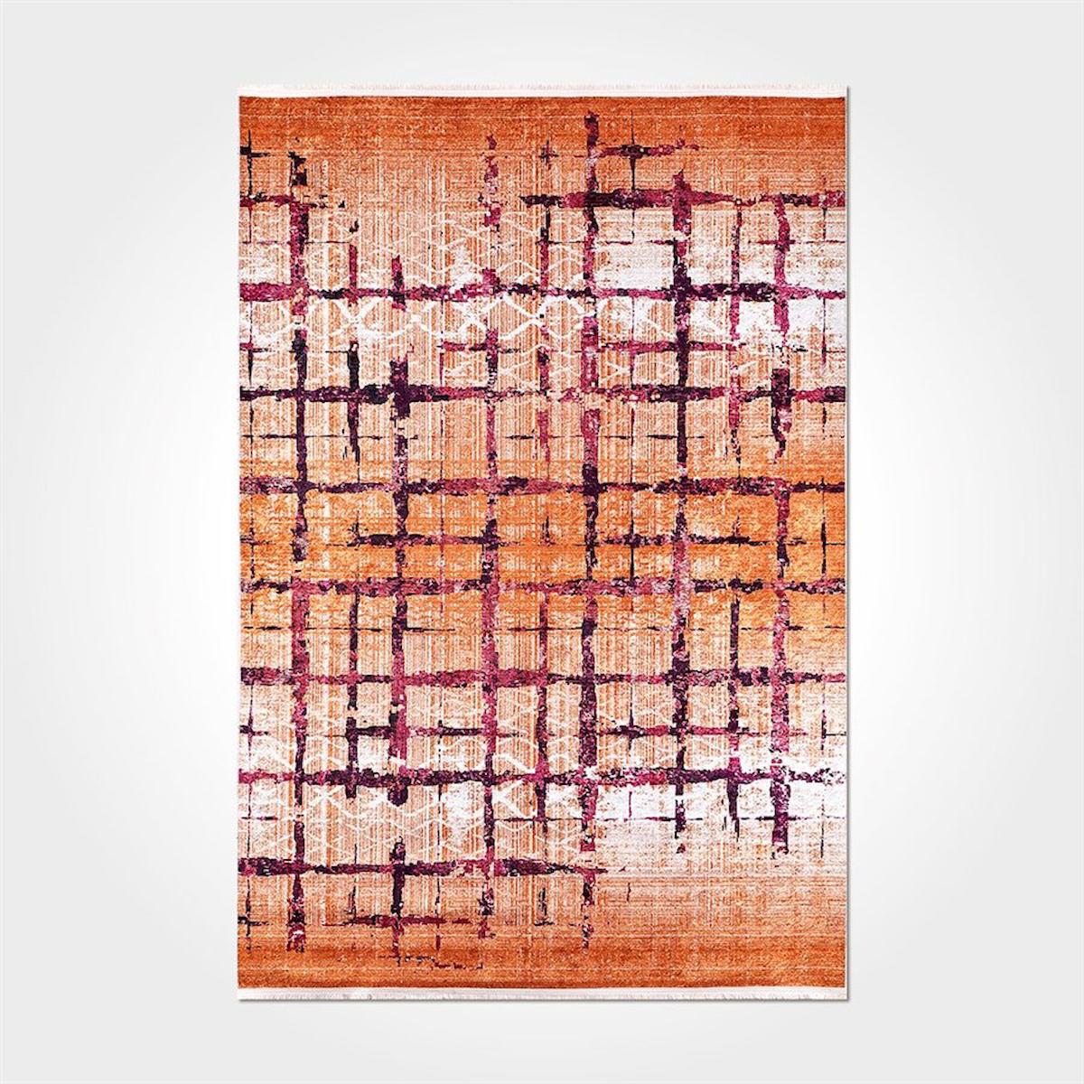 Crea Halı 2079PC Turuncu Pamuk-Polyester Yıkanabilir İnce Kaymaz Pamuk Taban Dikdörtgen Makine Dokuma Salon Halısı 140x200 cm