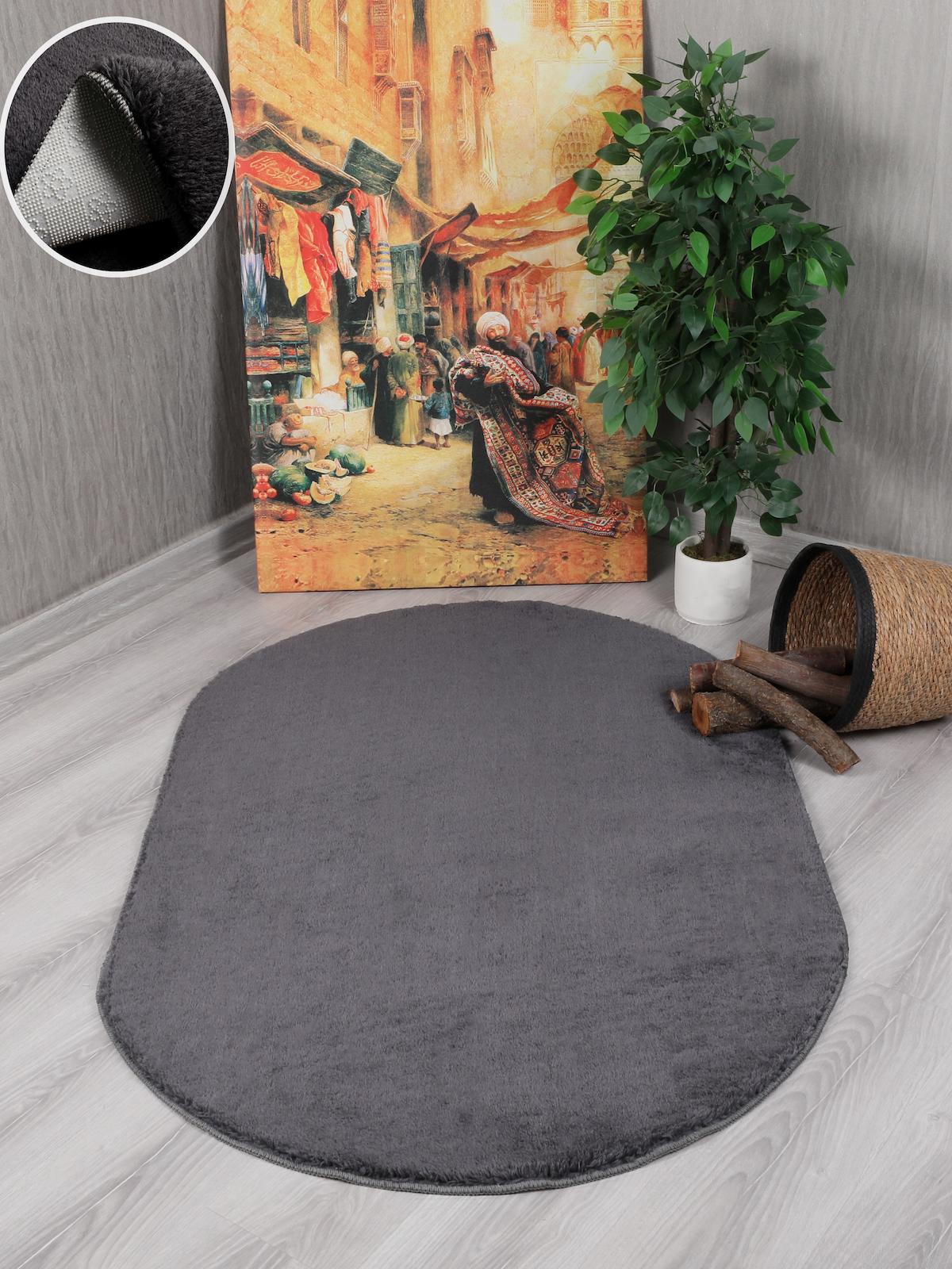 My Evilla Krem 10 mm Polyester Leke Tutmaz Yıkanabilir Kalın Kaymaz Jel Taban Oval Makine Dokuma Yatak Odası Halısı 80x300 cm