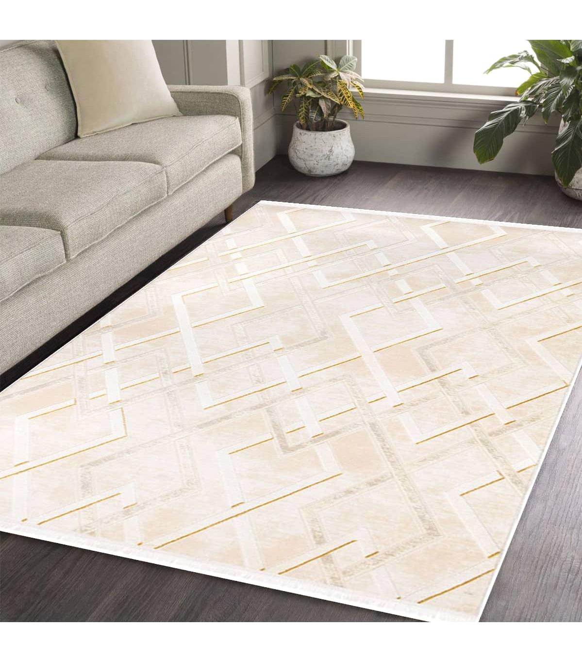 İpek Mekik Halı Gaspara Sarı - Vizon 10 mm Akrilik Yıkanabilir Orta Kaymaz Dikdörtgen Makine Dokuma Antre-Çocuk Odası-Salon-Yatak Odası Halısı 160x230 cm