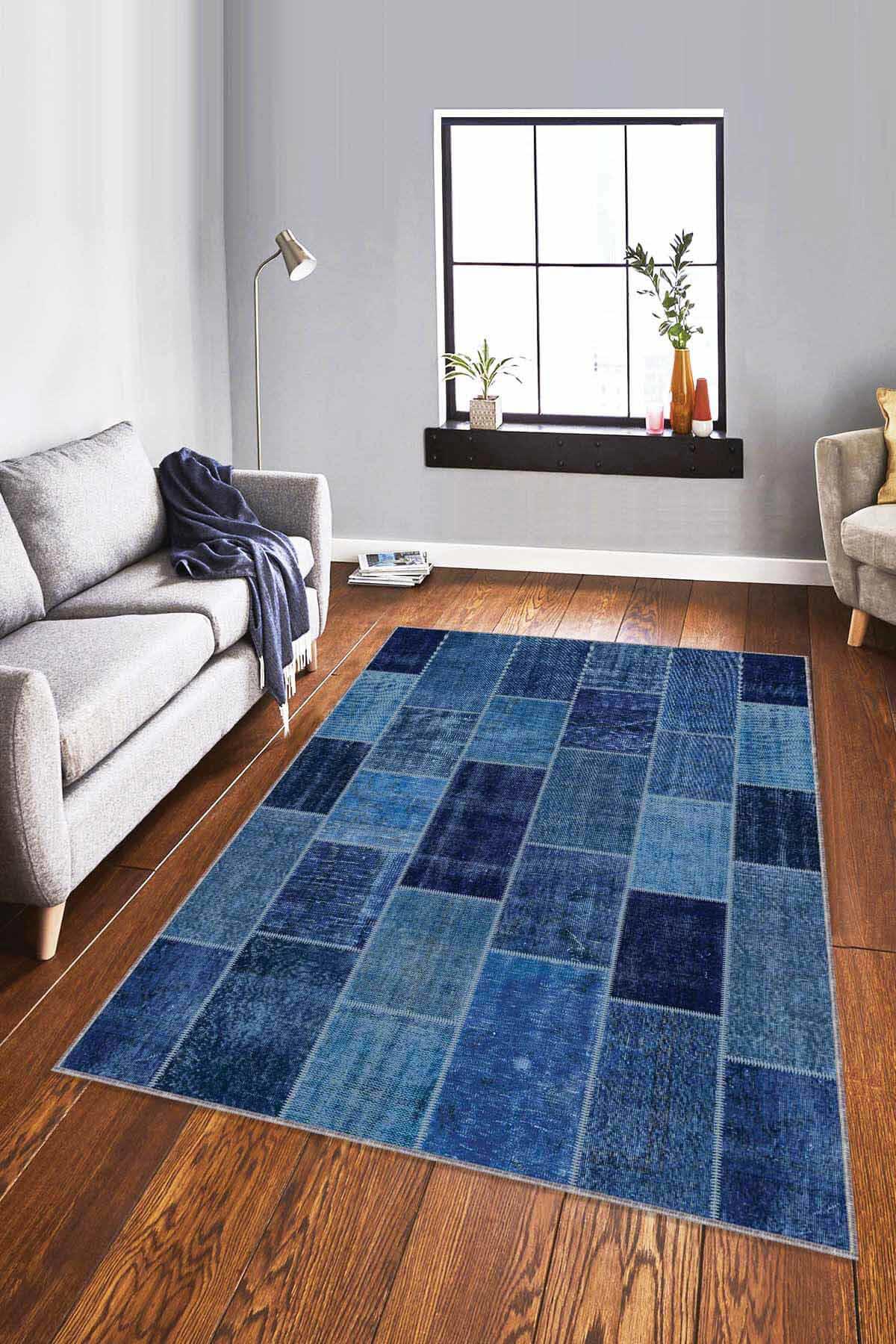 Viva Home RV228 Mavi 7 mm Mikropolyester Antialerjenik Yıkanabilir İnce Kaymaz Dot Taban Dikdörtgen Makine Dokuma Salon Halısı 160x230 cm