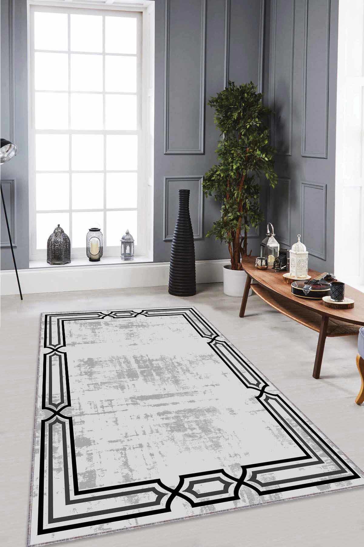Viva Home RV077 Gri 7 mm Mikropolyester Toz Tutmaz Yıkanabilir İnce Kaymaz Dot Taban Dikdörtgen Makine Dokuma Salon Halısı 80x150 cm