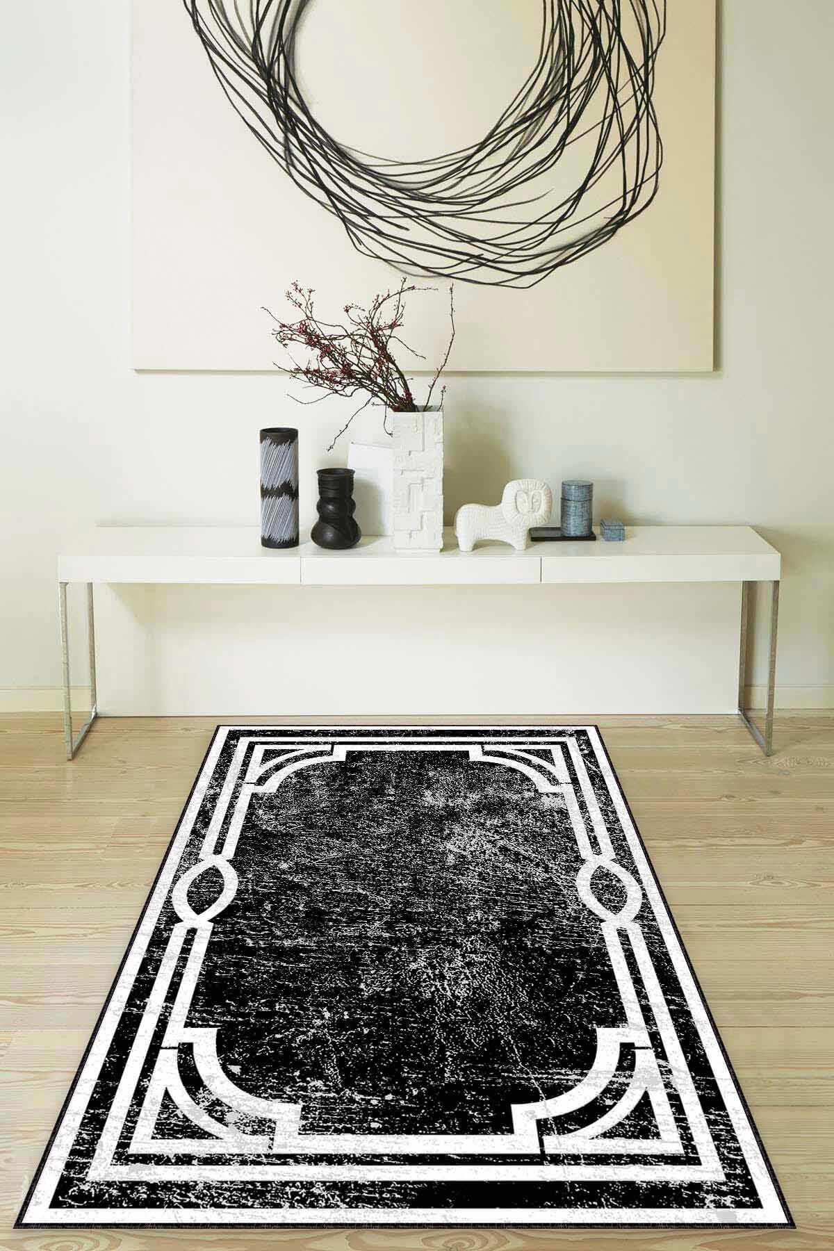 Viva Home MK43 Siyah 7 mm Mikropolyester Antibakteriyel Yıkanabilir Kalın Kaymaz Lateks Taban Dikdörtgen Makine Dokuma Salon Halısı 100x200 cm