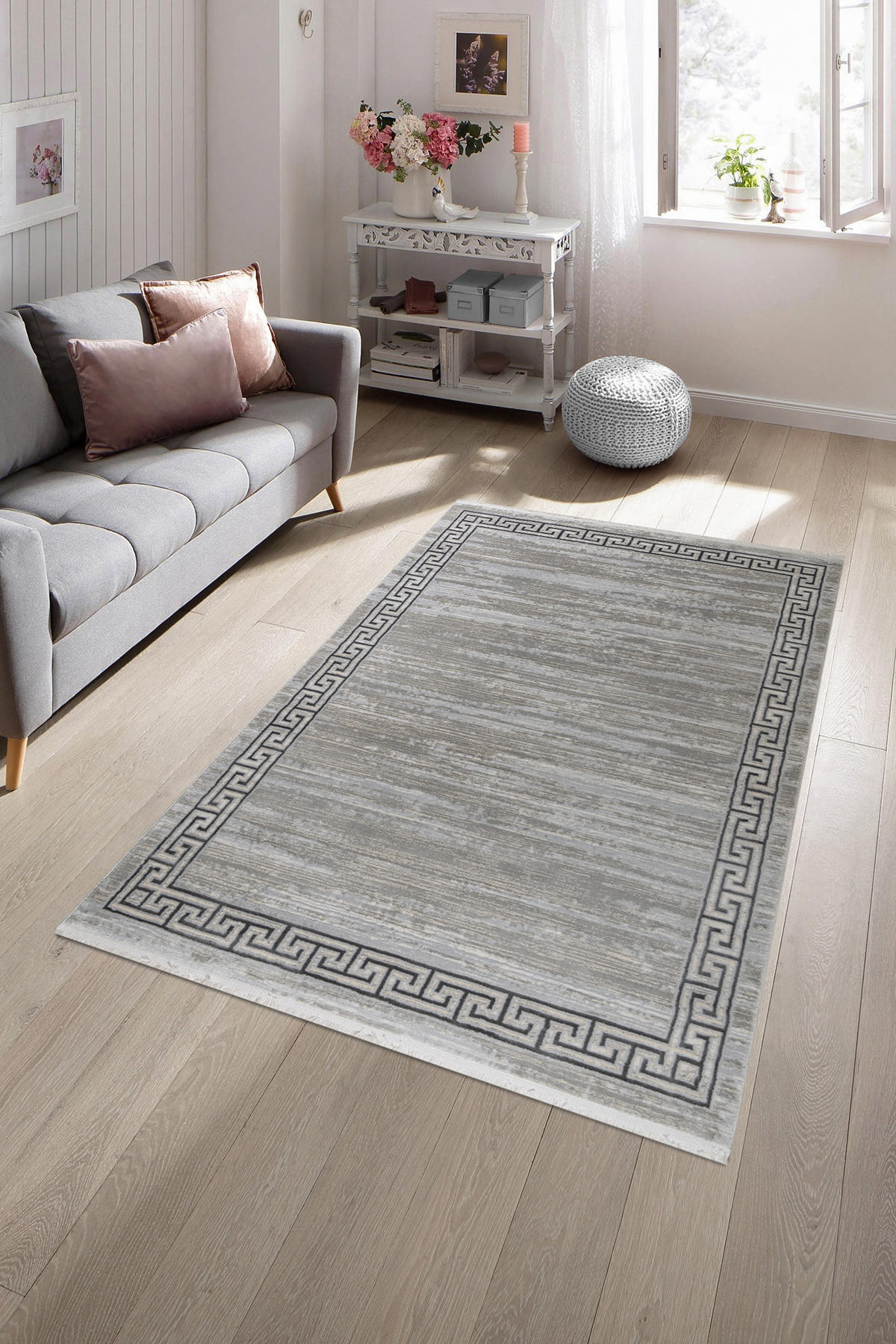 Petra Home Living 308A Gri 0.5 mm Pamuk Toz Tutmaz Yıkanabilir İnce Kaymaz Taban Dikdörtgen Makine Dokuma Salon Halısı 150x200 cm