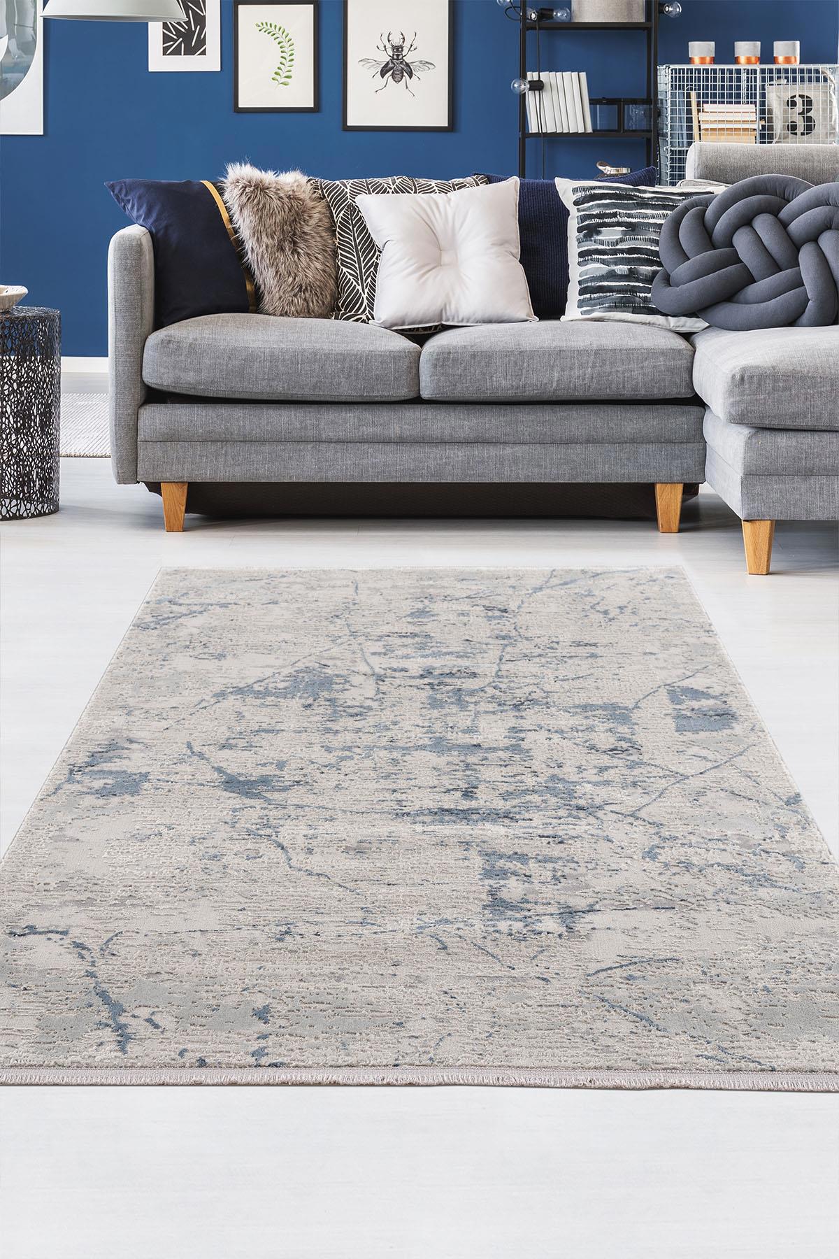Petra Home Living Gri 10 mm Polipropilen Leke Tutmaz-Toz Tutmaz Yıkanabilir Orta Pamuk Taban Soyut Temalı Kare Makine Dokuma Salon Halısı 200x300 cm