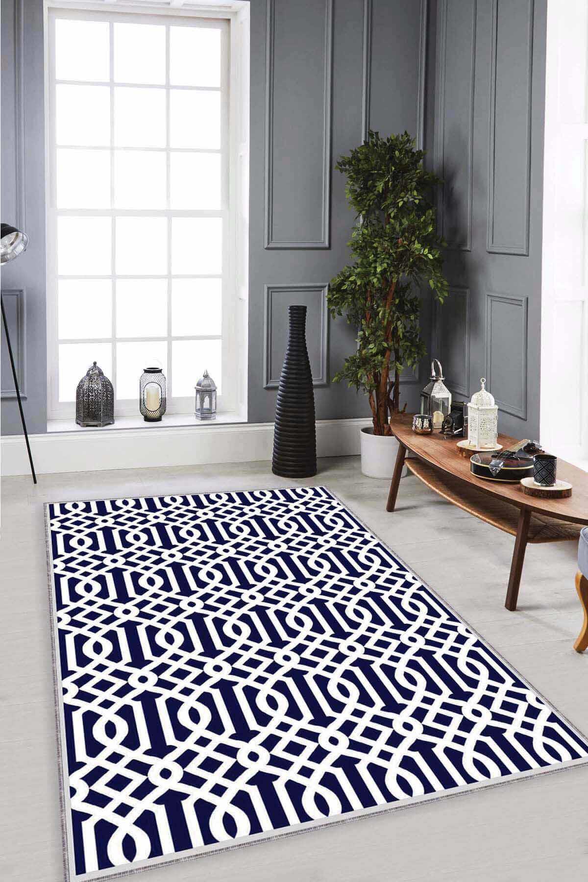 Viva Home LB003 Lacivert 7 mm Mikropolyester Antibakteriyel Yıkanabilir İnce Kaymaz Dikdörtgen Makine Dokuma Salon Halısı 100x150 cm