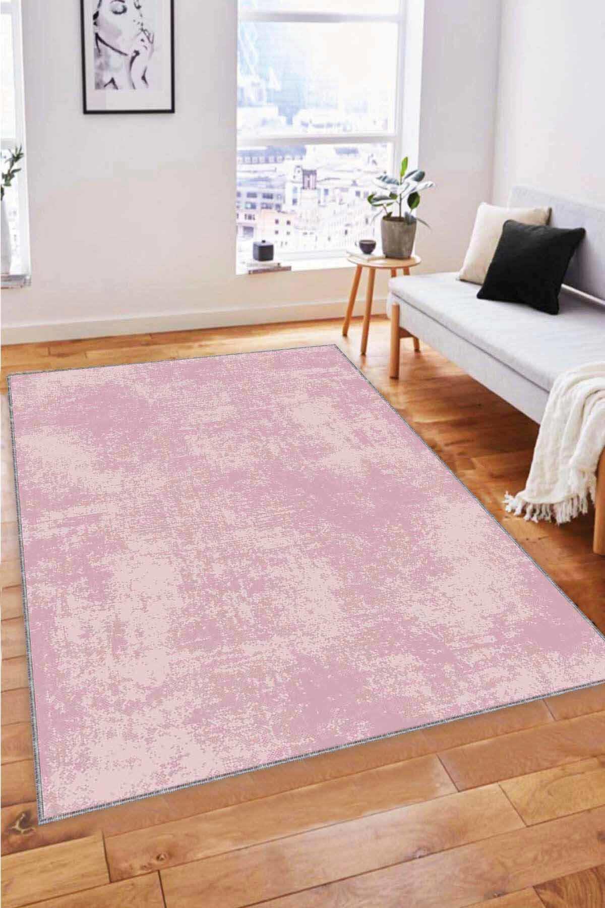 Viva Home SS04 Pembe 7 mm Mikropolyester Leke Tutmaz Yıkanabilir İnce Kaymaz Dot Taban Dikdörtgen Makine Dokuma Salon Halısı 100x150 cm