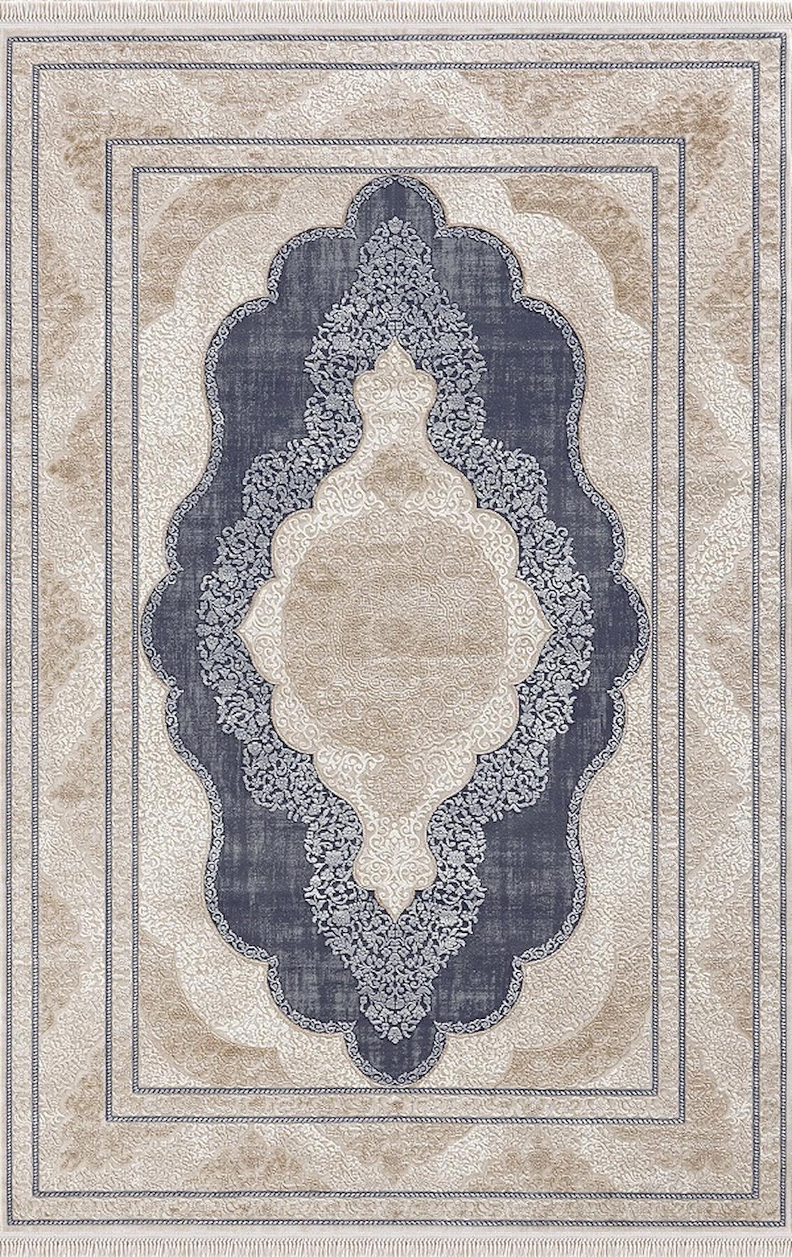 Merinos Rodin 19772 Krem Lacivert 11 mm Akrilik Toz Tutmaz Yıkanabilir Kalın Kaymaz Dikdörtgen Makine Dokuma Salon Halısı 160x230 cm