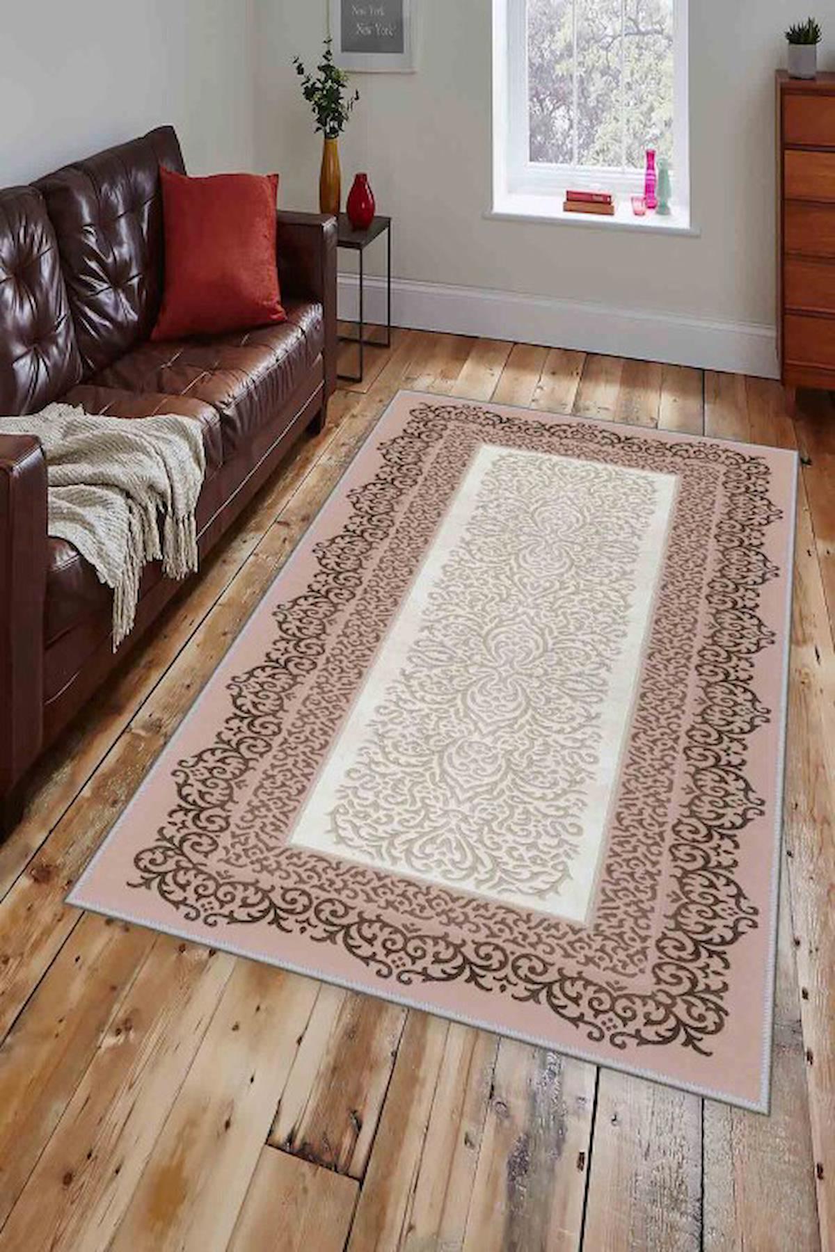 Homefesto Krem 5 mm Polyester Leke Tutmaz Yıkanabilir İnce Kaymaz Taban Dikdörtgen Makine Dokuma Salon Halısı 80x500 cm