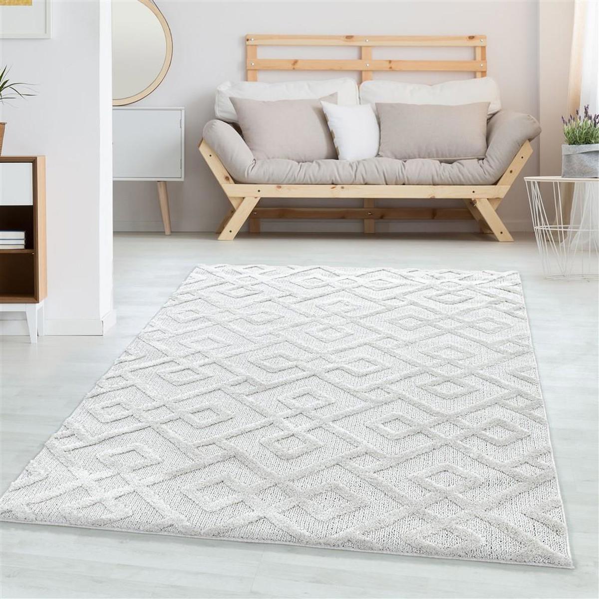 Carpettex Krem 20 mm Polipropilen Yumuşak Yıkanabilir İnce Kaymaz Taban Dikdörtgen Makine Dokuma Salon Halısı 180x180 cm