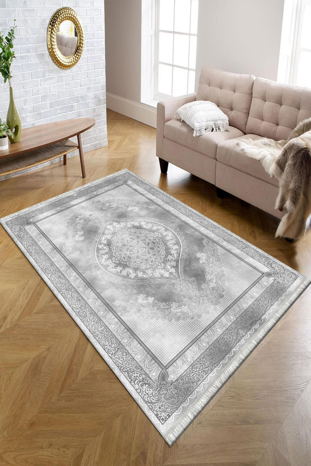 Kreatif Halı Gri 4 mm Polyester Antibakteriyel Yıkanabilir İnce Kaymaz Dikdörtgen Makine Dokuma Salon Halısı 160x230 cm