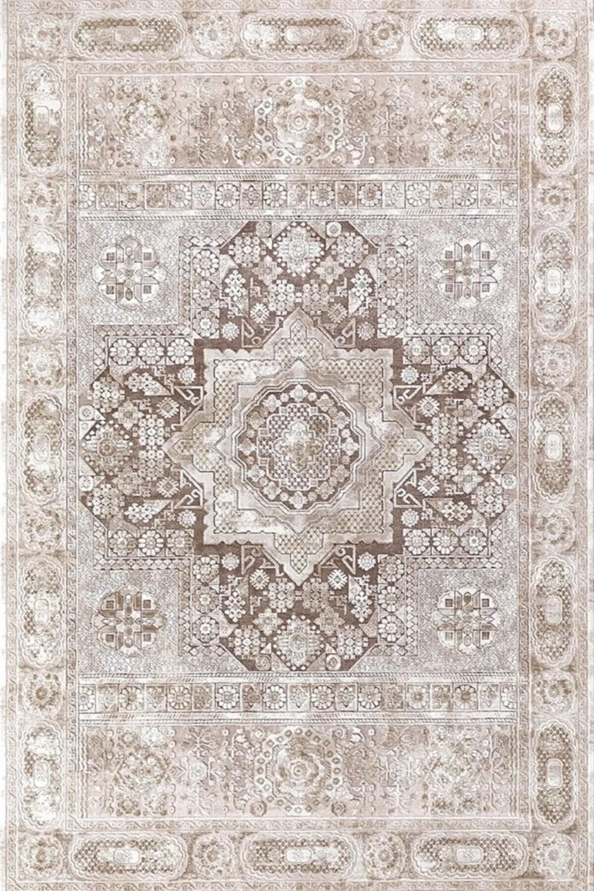 Merinos Rodin 31920 Krem Mikropolyester Yıkanabilir Kalın Kaymaz Lateks Taban Dikdörtgen Makine Dokuma Salon Halısı 120x180 cm
