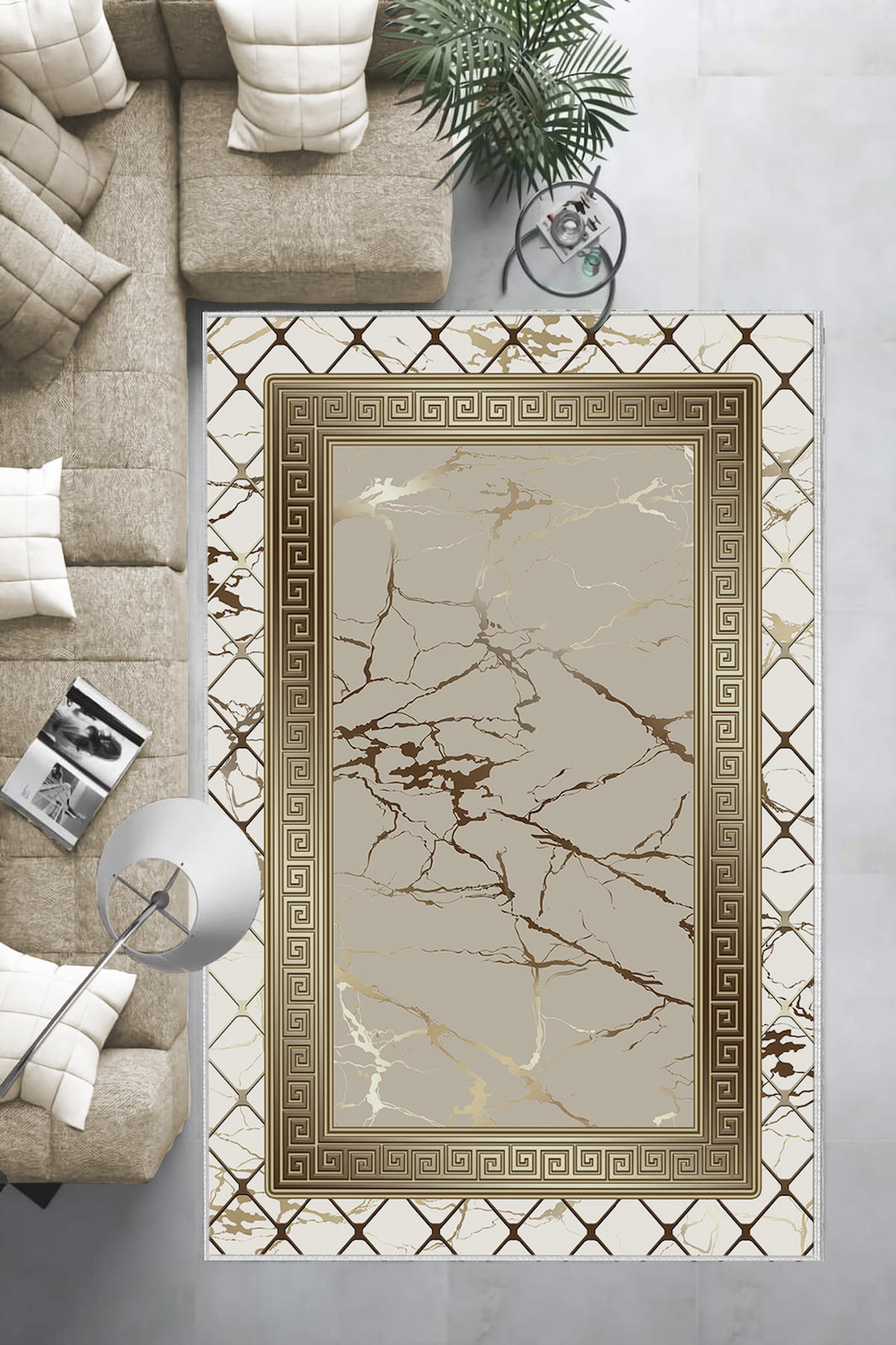 Aldora Gri - Vizon 0.8 mm Polipropilen Yıkanabilir Orta Kaymaz Deri Taban Dikdörtgen Makine Dokuma Salon Halısı 180x350 cm