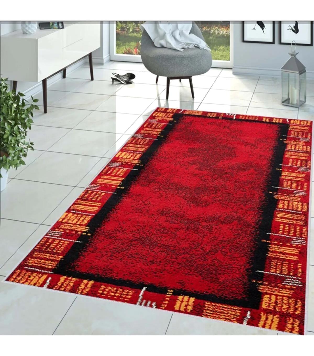 Rovigo Home RVG1436 Kırmızı-Siyah 8 mm Polyester Leke Tutmaz-Toz Tutmaz Yıkanabilir İnce Kaymaz Dot Taban Dikdörtgen Makine Dokuma Salon Halısı 130x200 cm